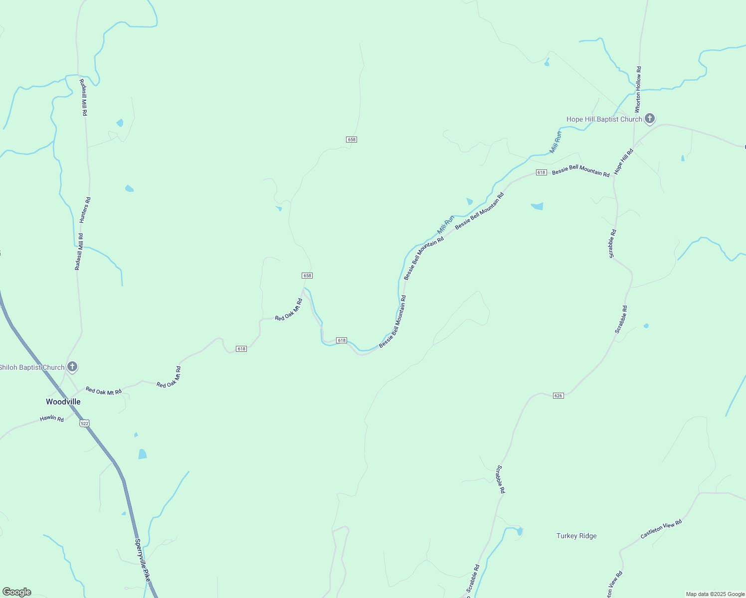 map of restaurants, bars, coffee shops, grocery stores, and more near 509 Bessie Bell Mountain Road in Woodville
