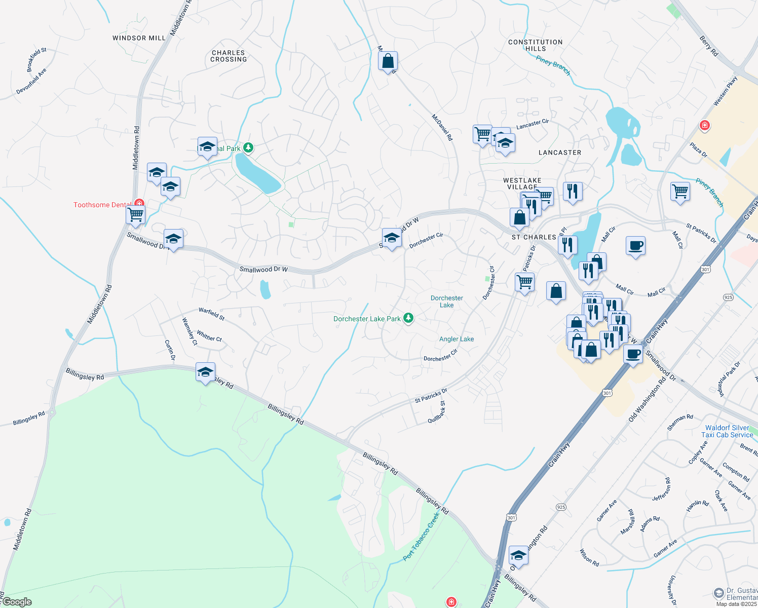 map of restaurants, bars, coffee shops, grocery stores, and more near 5913 Sunfish Court in Waldorf