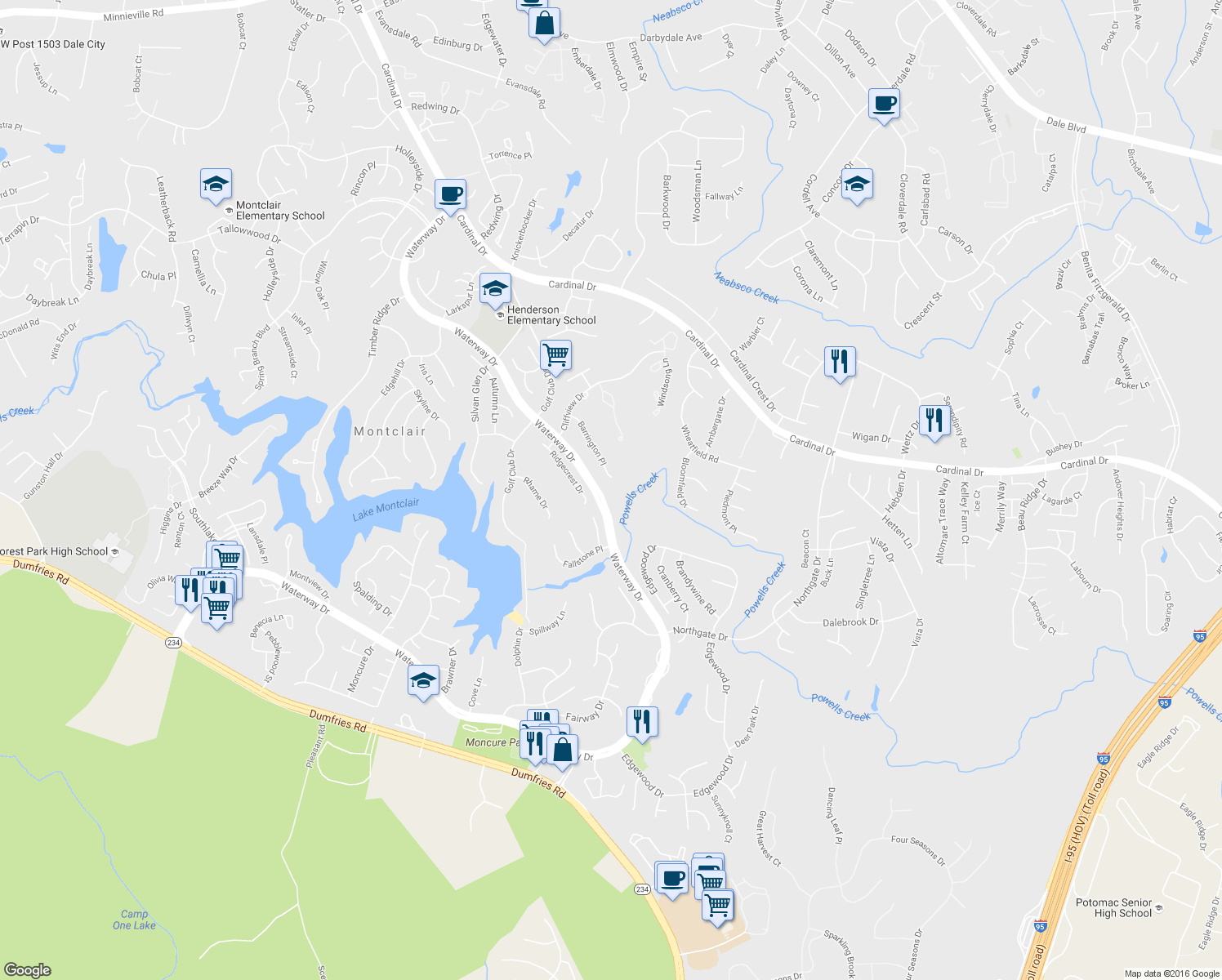 map of restaurants, bars, coffee shops, grocery stores, and more near 15538 Barrington Place in Dumfries
