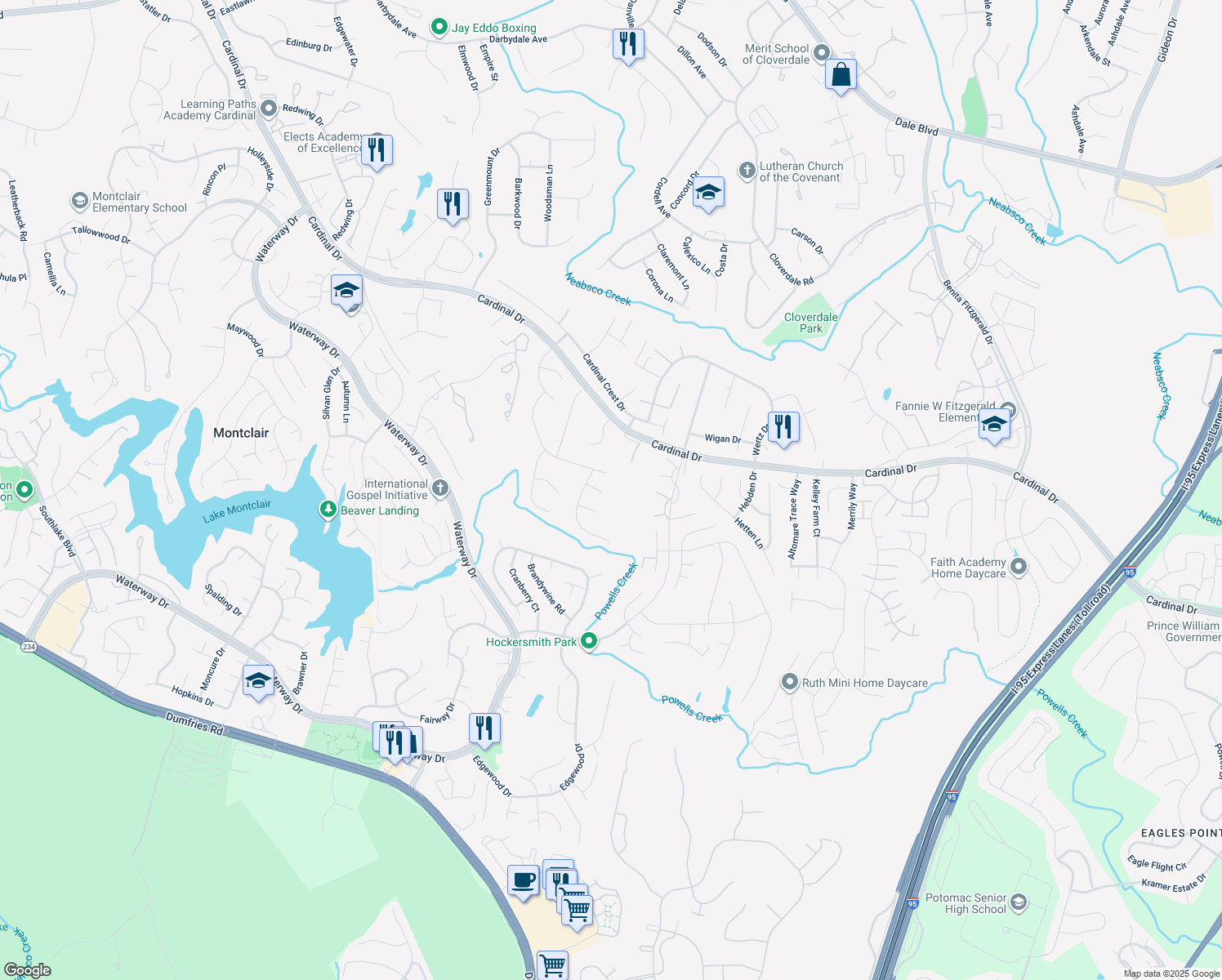 map of restaurants, bars, coffee shops, grocery stores, and more near 3984 Fawnridge Court in Woodbridge