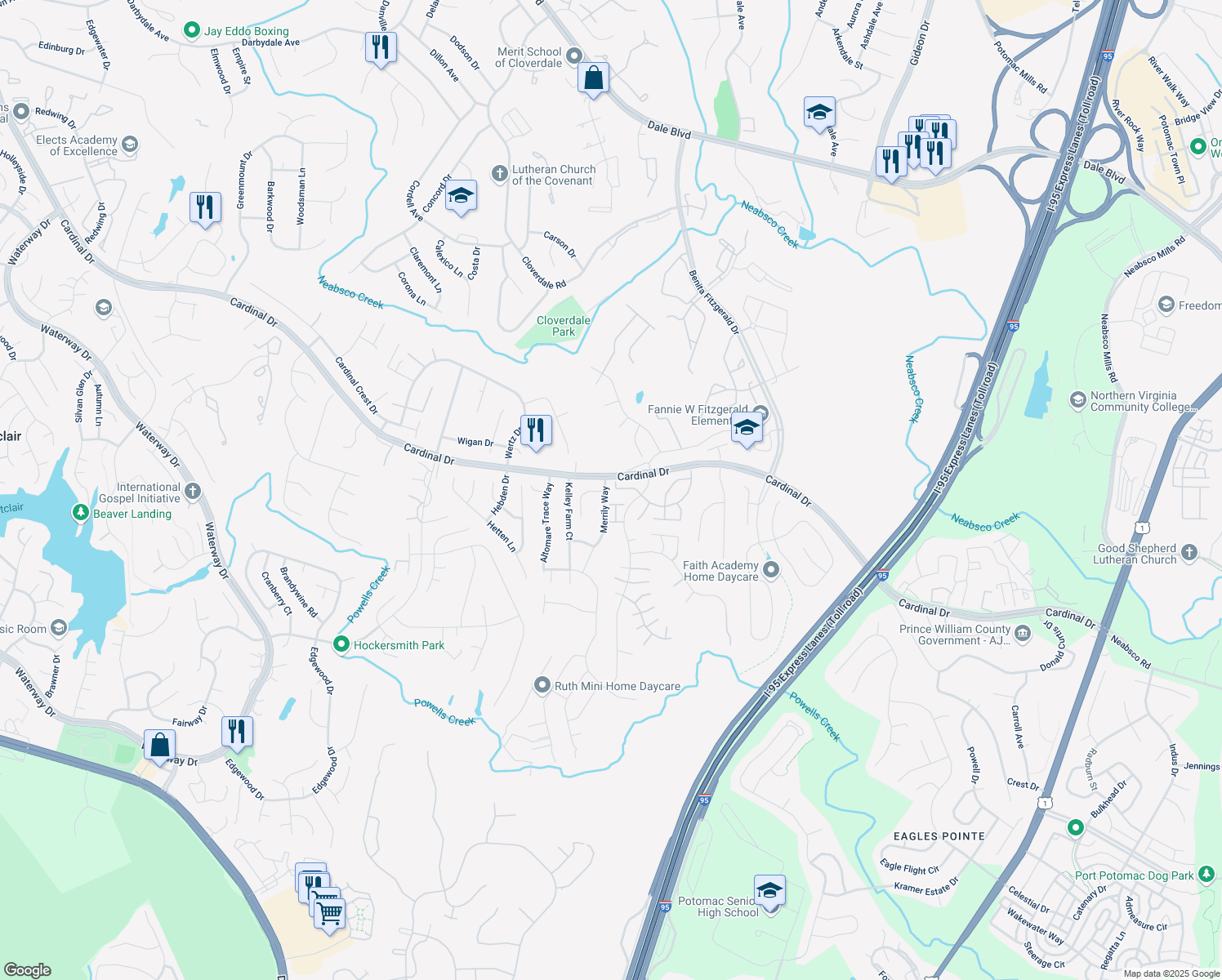 map of restaurants, bars, coffee shops, grocery stores, and more near 3513 Legere Court in Woodbridge