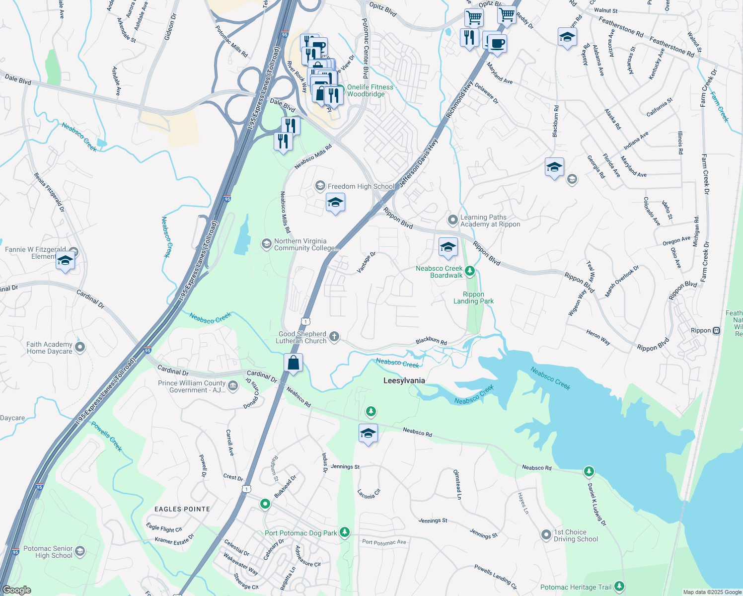 map of restaurants, bars, coffee shops, grocery stores, and more near 15529 Exmore Court in Woodbridge