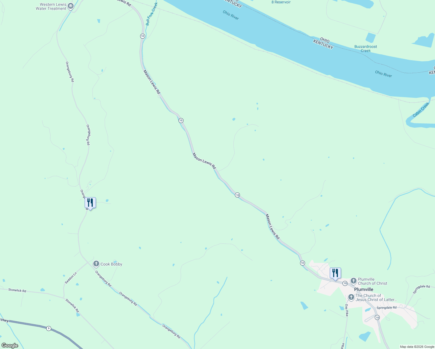 map of restaurants, bars, coffee shops, grocery stores, and more near Mason Lewis Road in Maysville