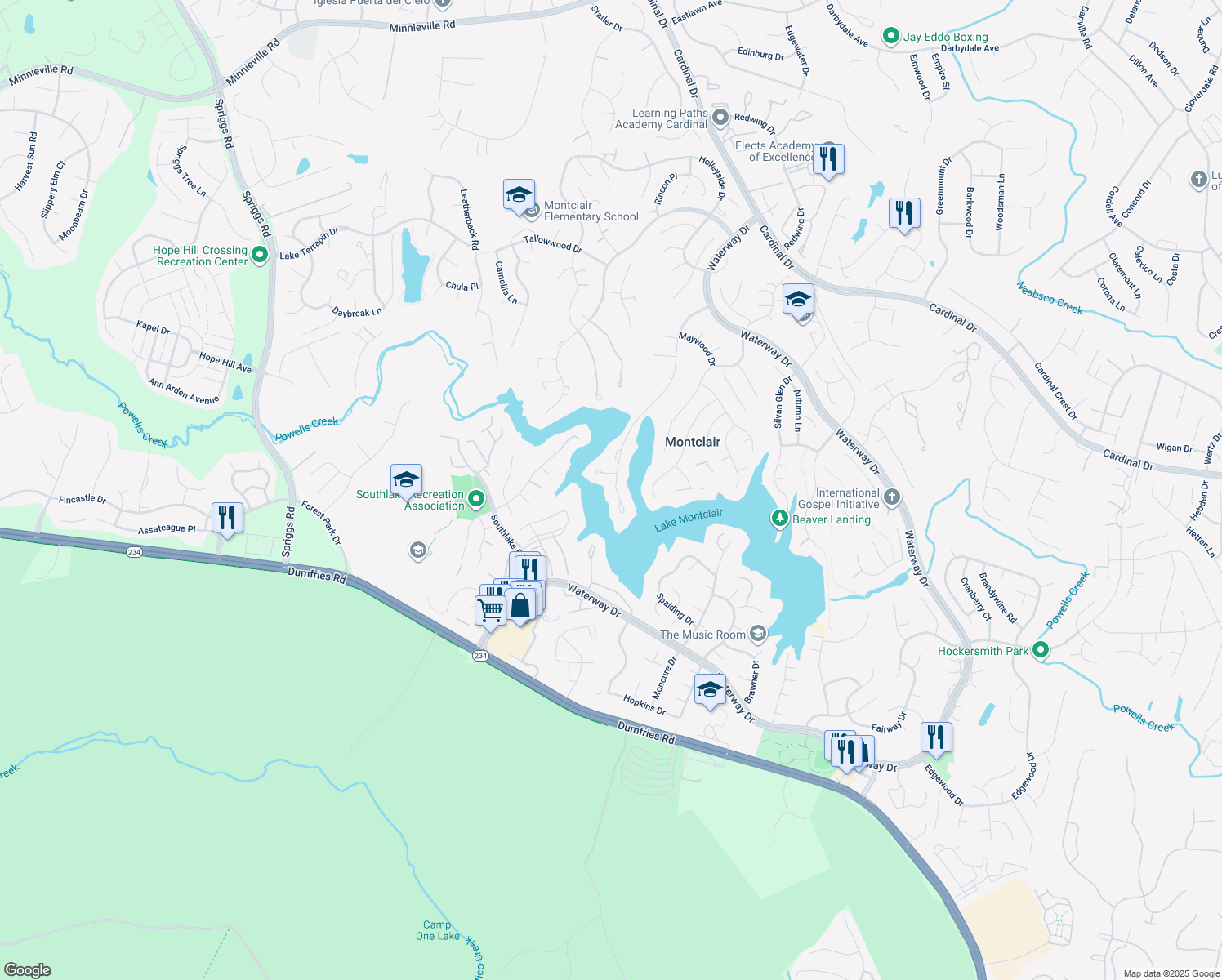 map of restaurants, bars, coffee shops, grocery stores, and more near 4740 Timber Ridge Drive in Dumfries