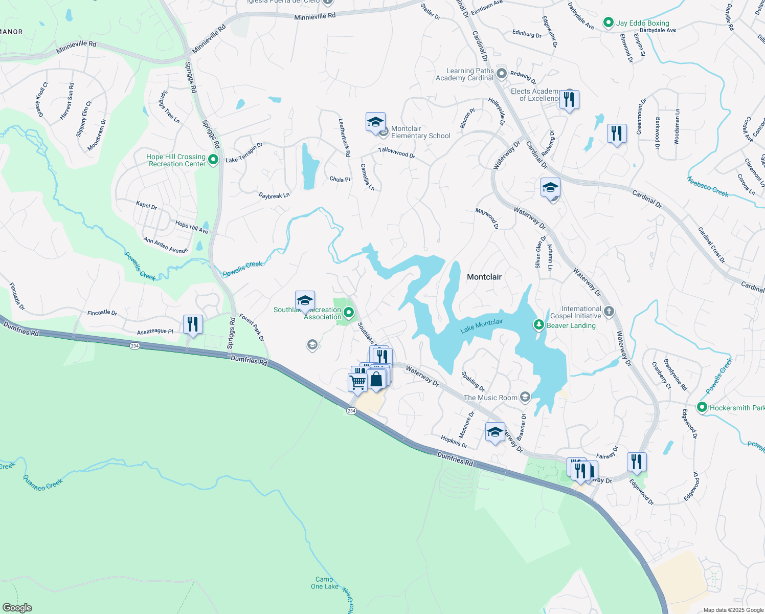 map of restaurants, bars, coffee shops, grocery stores, and more near 4977 Breeze Way in Dumfries