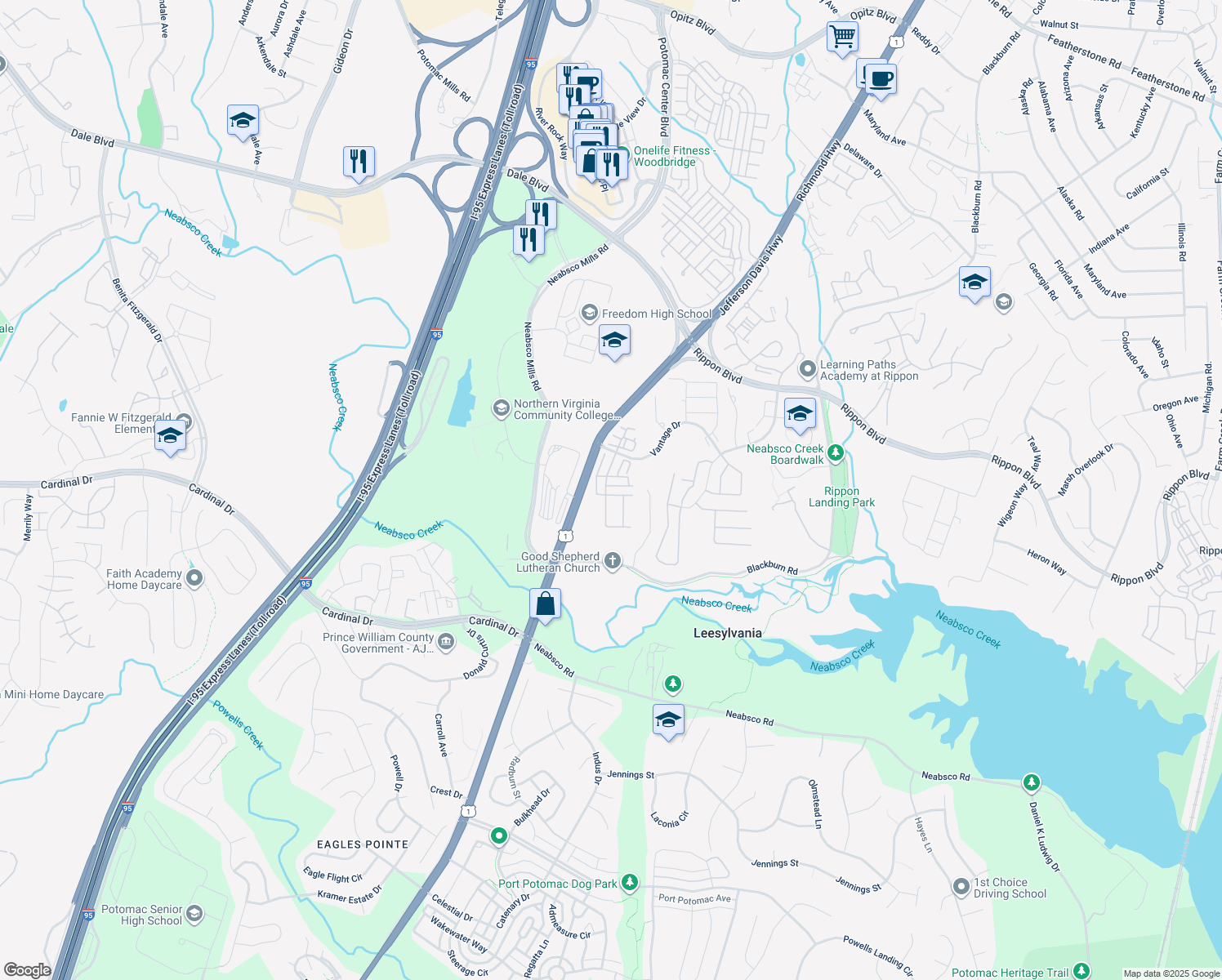 map of restaurants, bars, coffee shops, grocery stores, and more near 15831 John Diskin Circle in Woodbridge