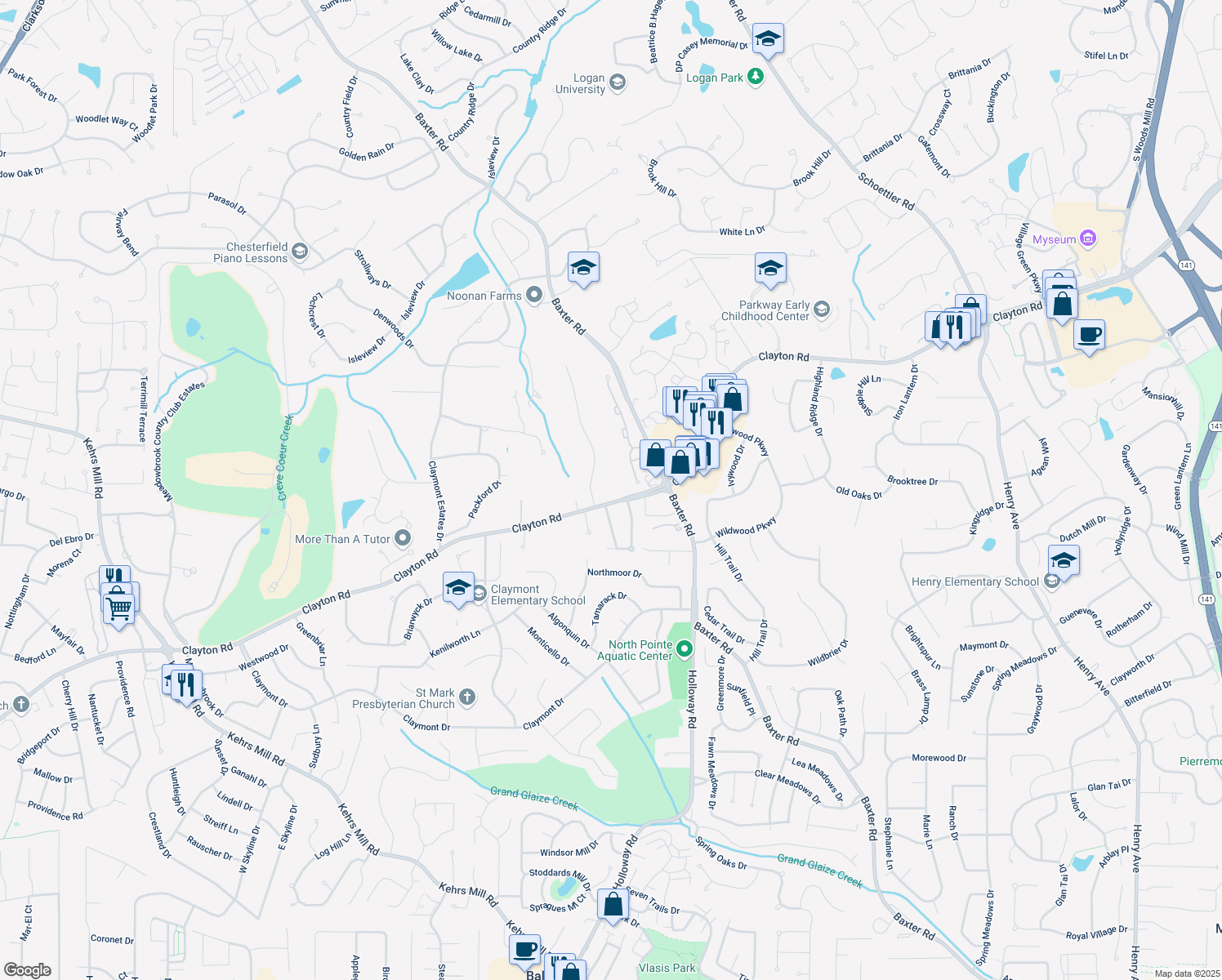 map of restaurants, bars, coffee shops, grocery stores, and more near 14973 Clayton Rd in Chesterfield