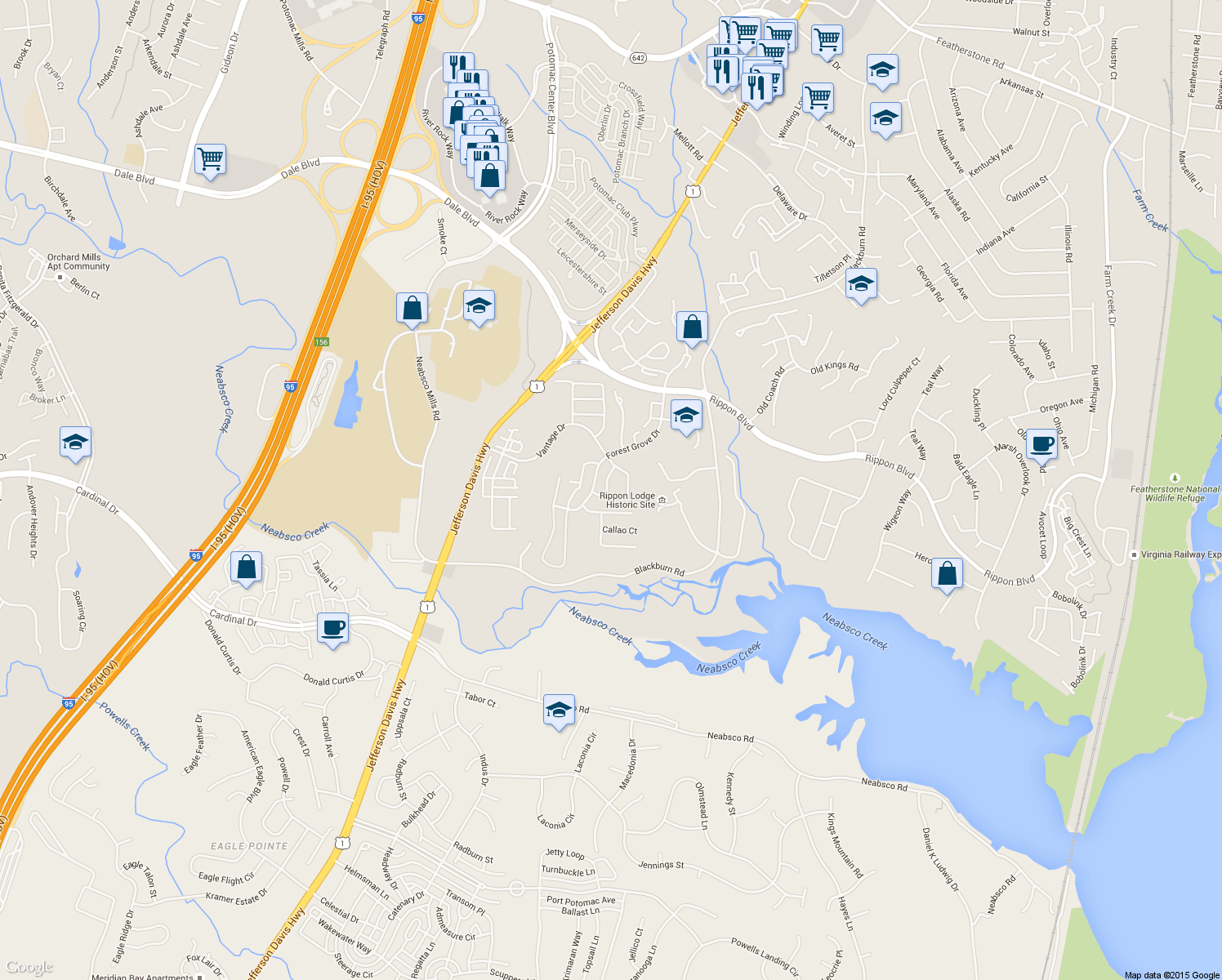 map of restaurants, bars, coffee shops, grocery stores, and more near 15527 Chicacoan Drive in Woodbridge