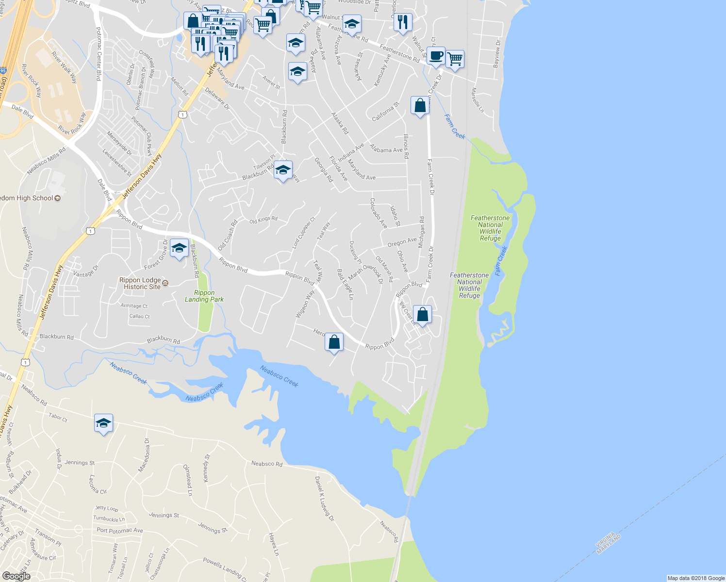 map of restaurants, bars, coffee shops, grocery stores, and more near 1409 Eiderdown Court in Woodbridge