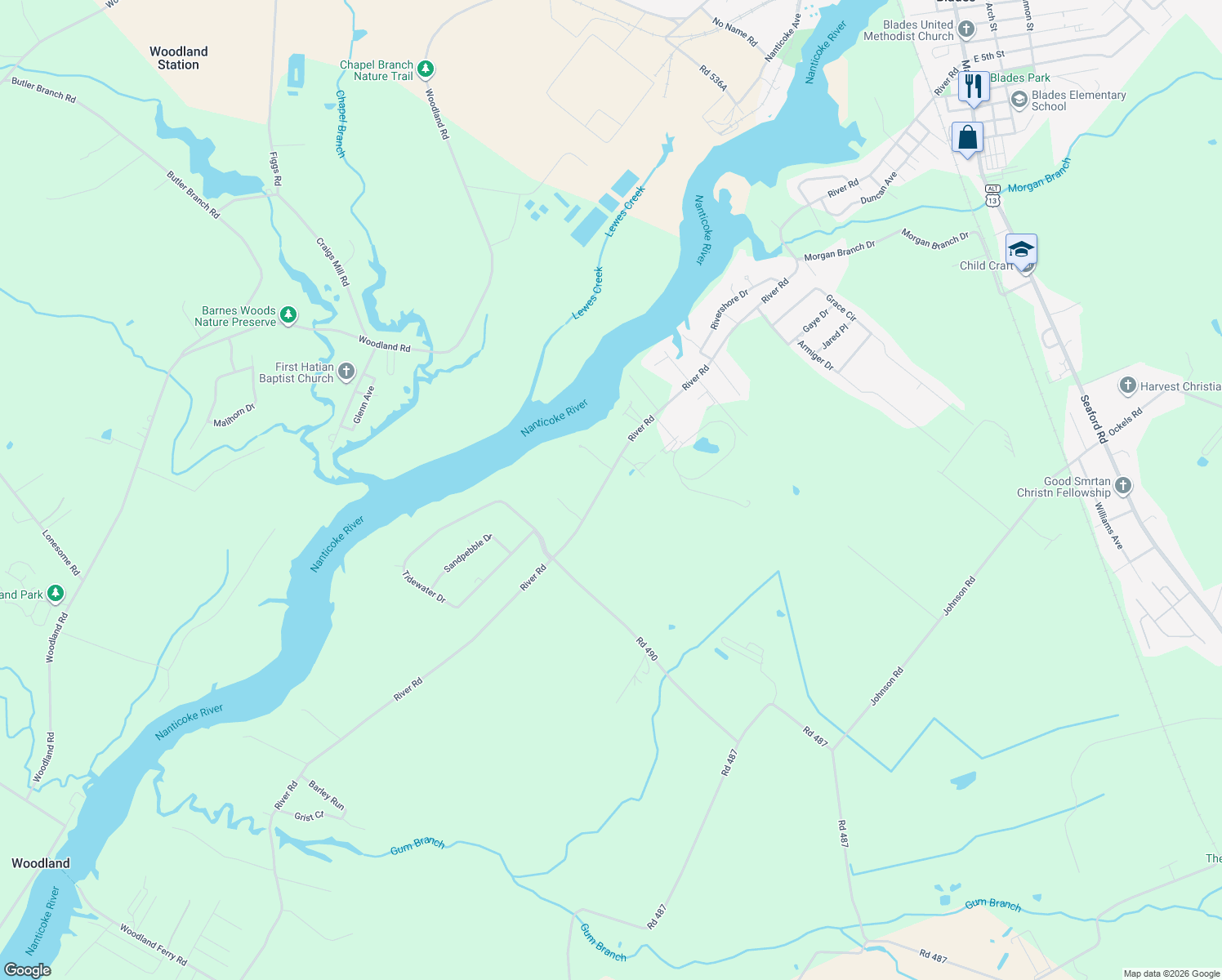 map of restaurants, bars, coffee shops, grocery stores, and more near 26839 River Road in Seaford