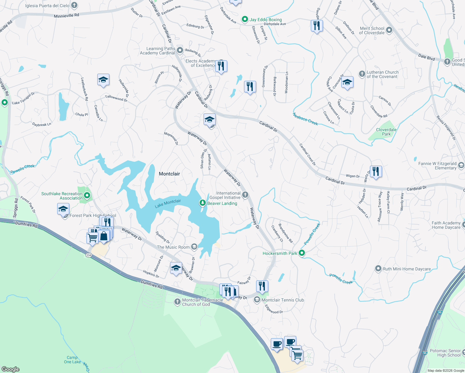 map of restaurants, bars, coffee shops, grocery stores, and more near 15506 Ridgecrest Drive in Montclair