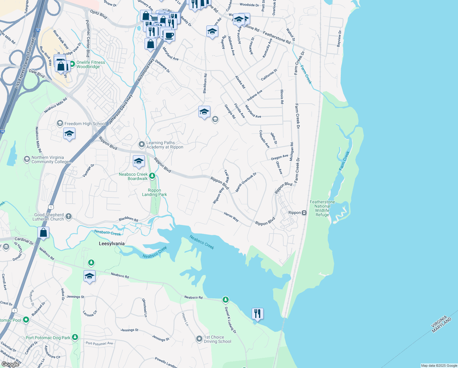 map of restaurants, bars, coffee shops, grocery stores, and more near 1633 Teal Way in Woodbridge