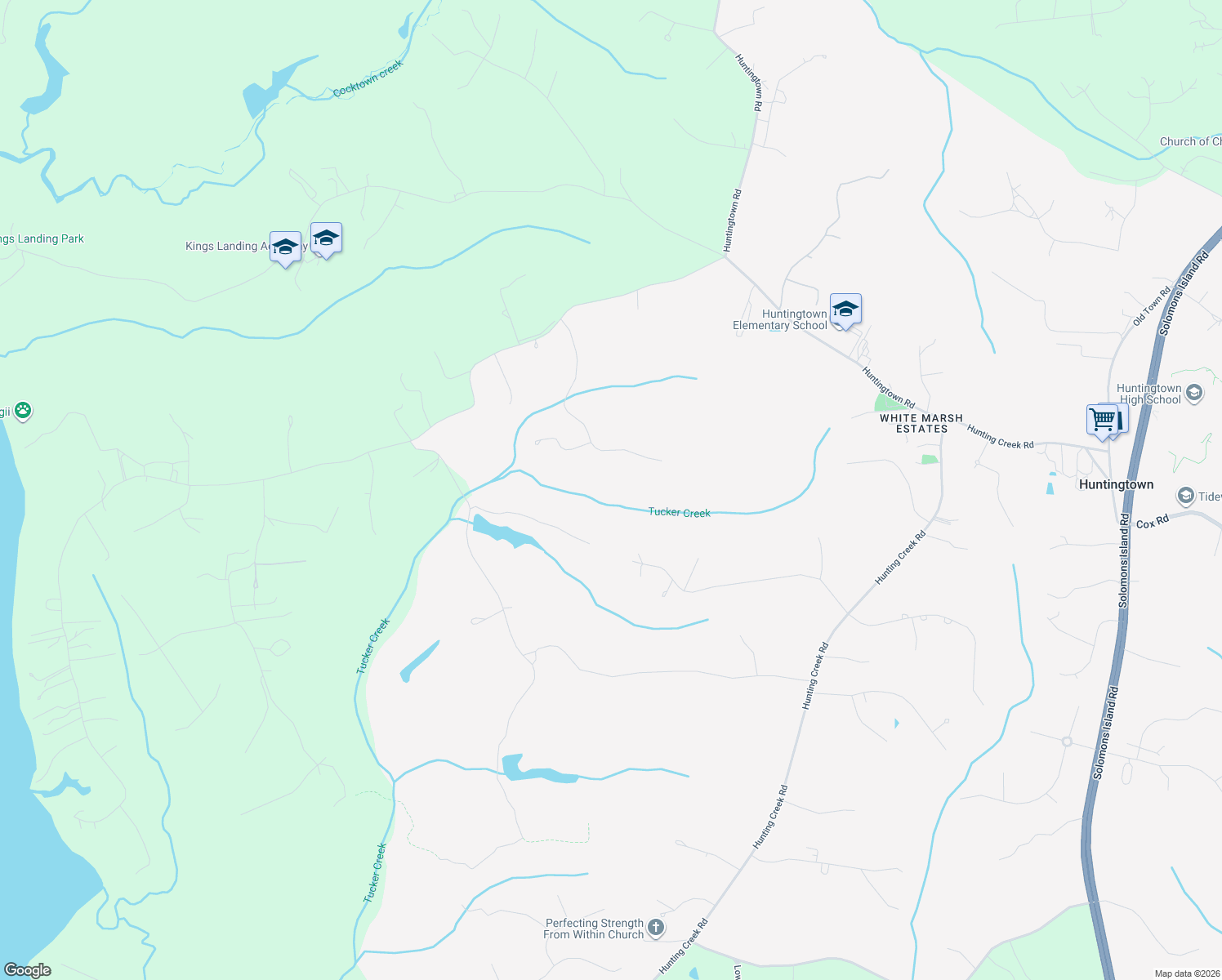 map of restaurants, bars, coffee shops, grocery stores, and more near 4350 Estate Drive in Huntingtown