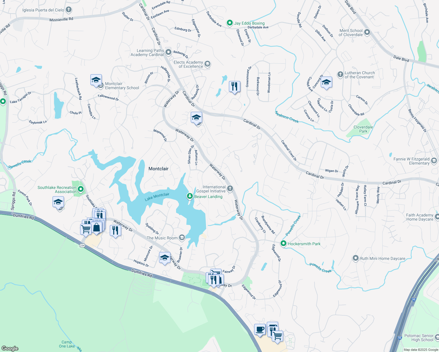 map of restaurants, bars, coffee shops, grocery stores, and more near 15509 Ridgecrest Dr in Dumfries