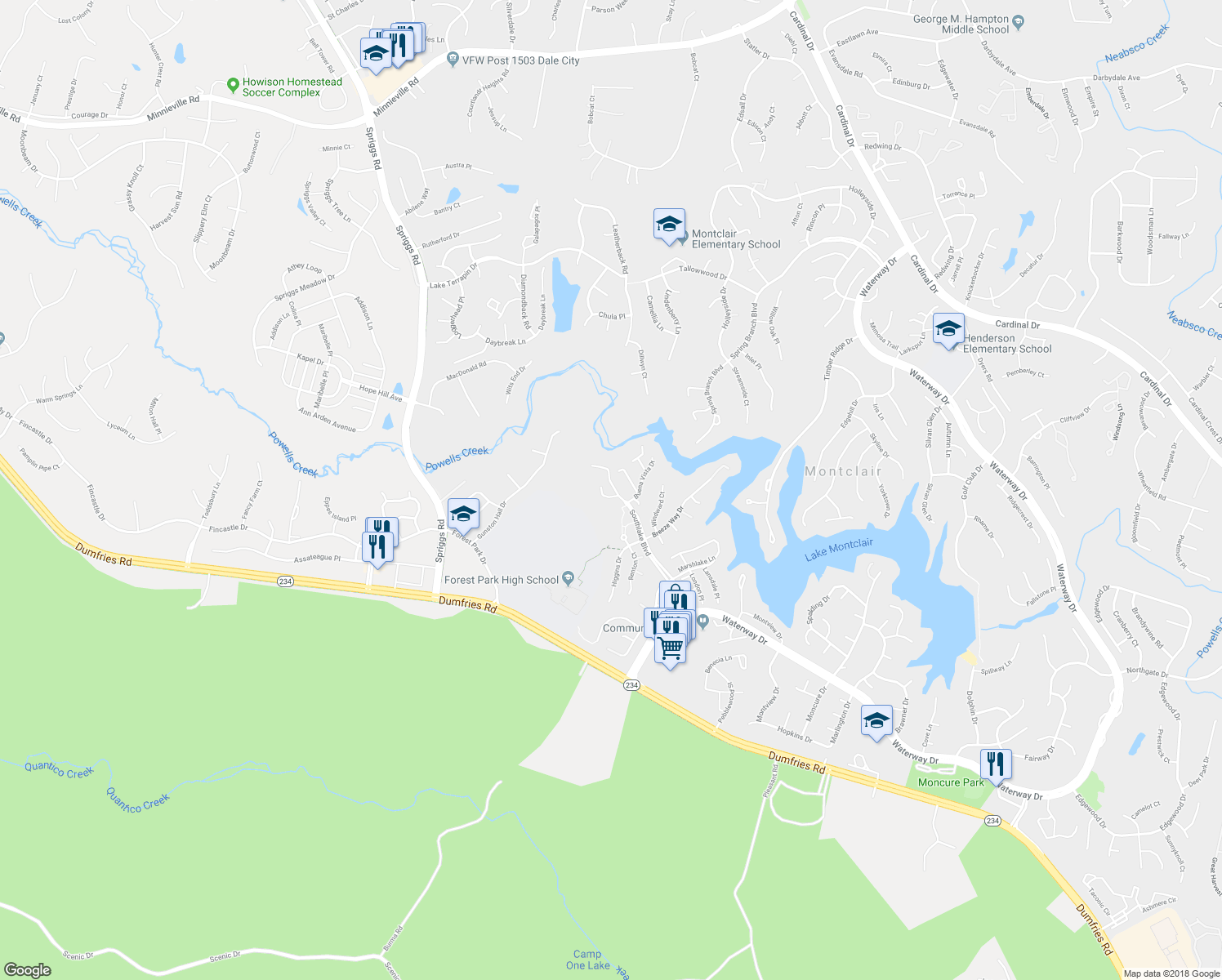 map of restaurants, bars, coffee shops, grocery stores, and more near 15614 Winding Creek Drive in Dumfries