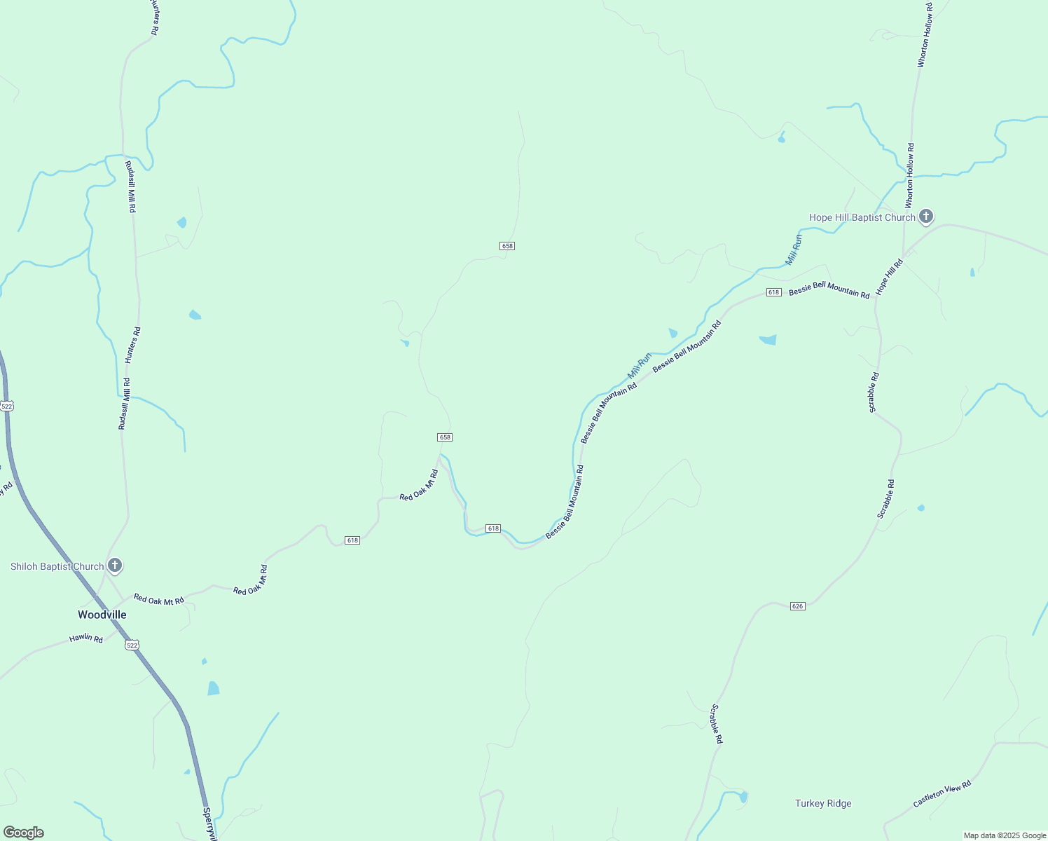 map of restaurants, bars, coffee shops, grocery stores, and more near 509 Bessie Bell Mountain Road in Woodville