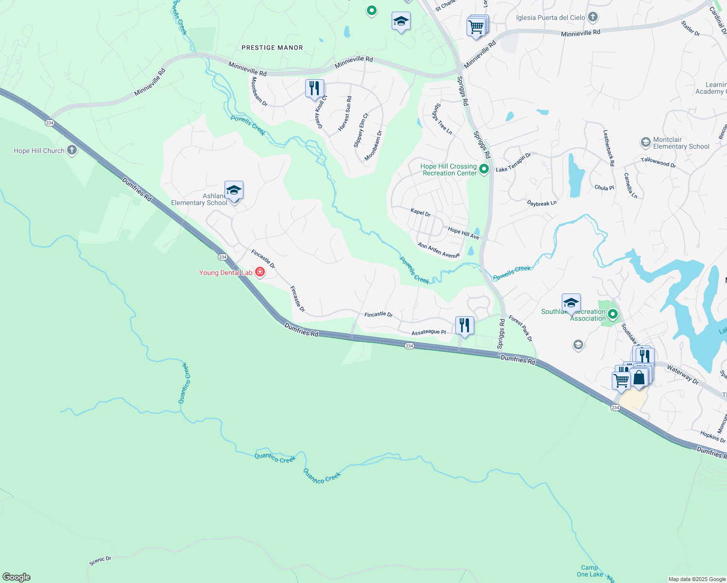 map of restaurants, bars, coffee shops, grocery stores, and more near 15554 Toddsbury Lane in Manassas