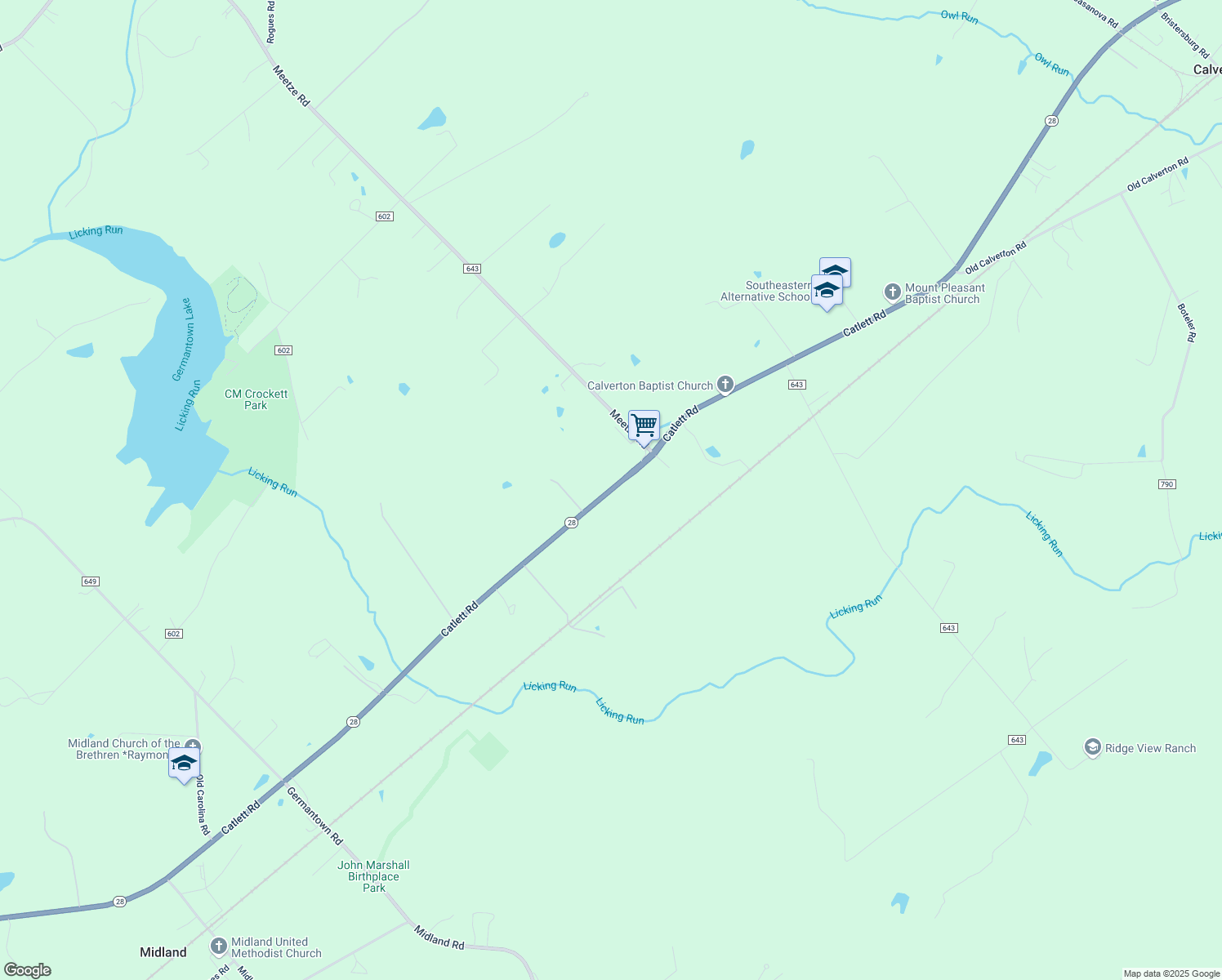 map of restaurants, bars, coffee shops, grocery stores, and more near 4690 Catlett Road in Midland