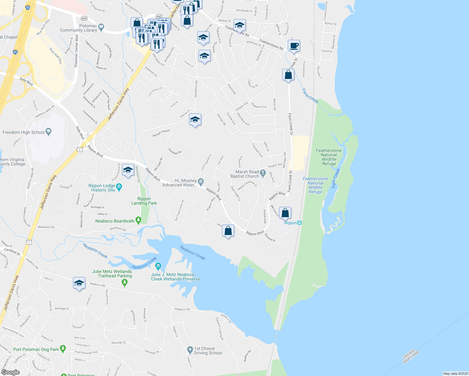 map of restaurants, bars, coffee shops, grocery stores, and more near 15379 Bald Eagle Lane in Woodbridge