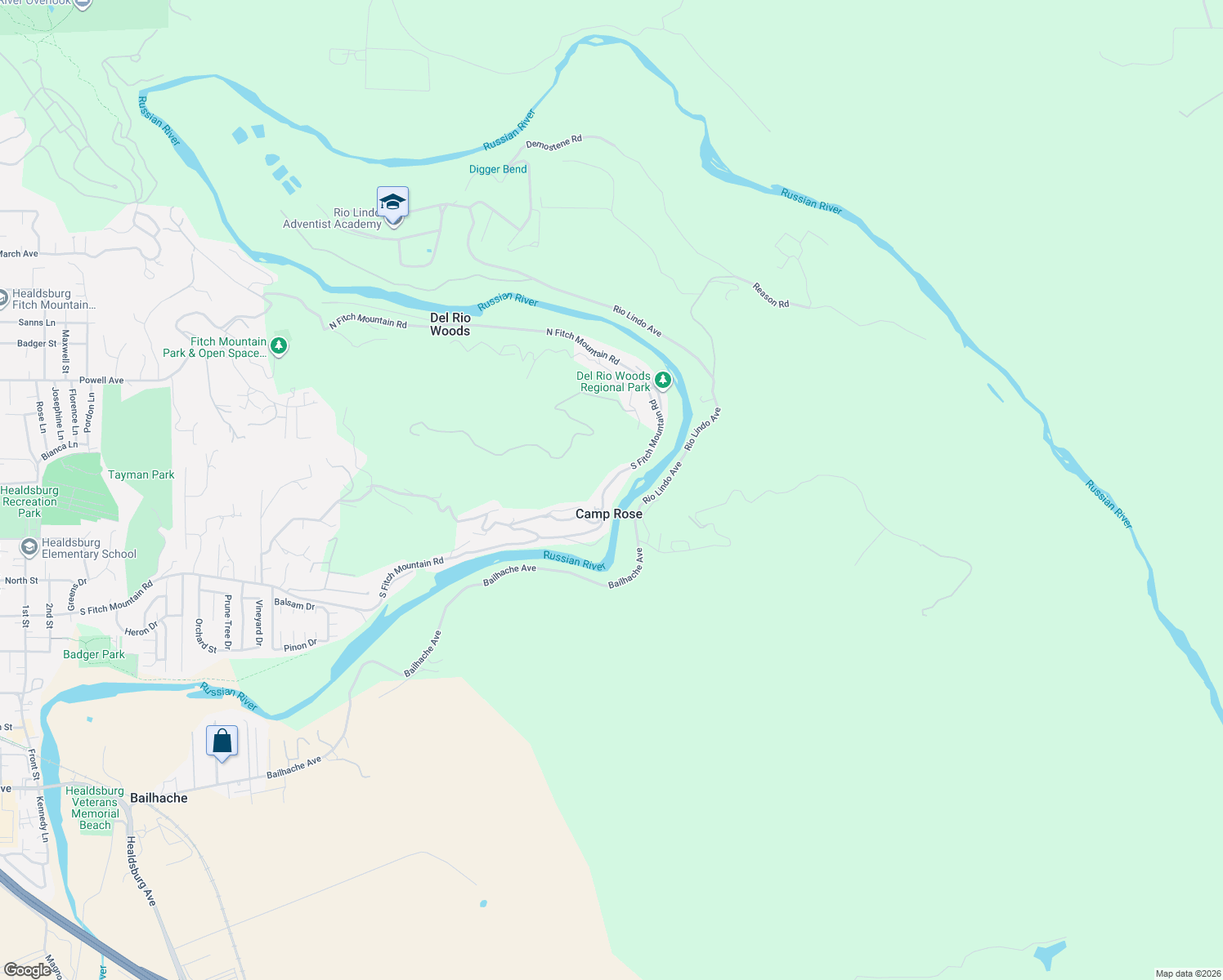 map of restaurants, bars, coffee shops, grocery stores, and more near 2358 South Fitch Mountain Road in Healdsburg