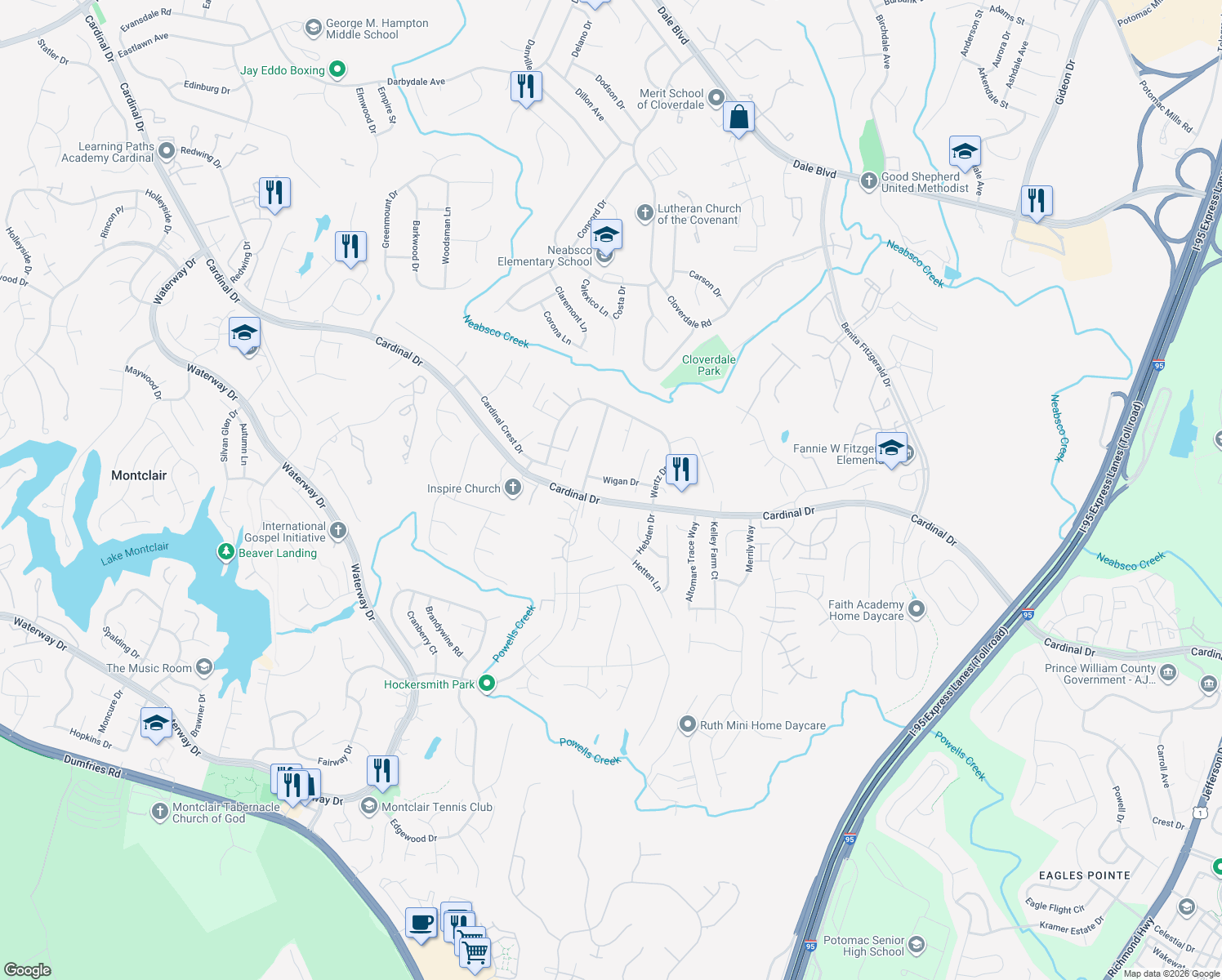 map of restaurants, bars, coffee shops, grocery stores, and more near 3765 Wigan Drive in Woodbridge