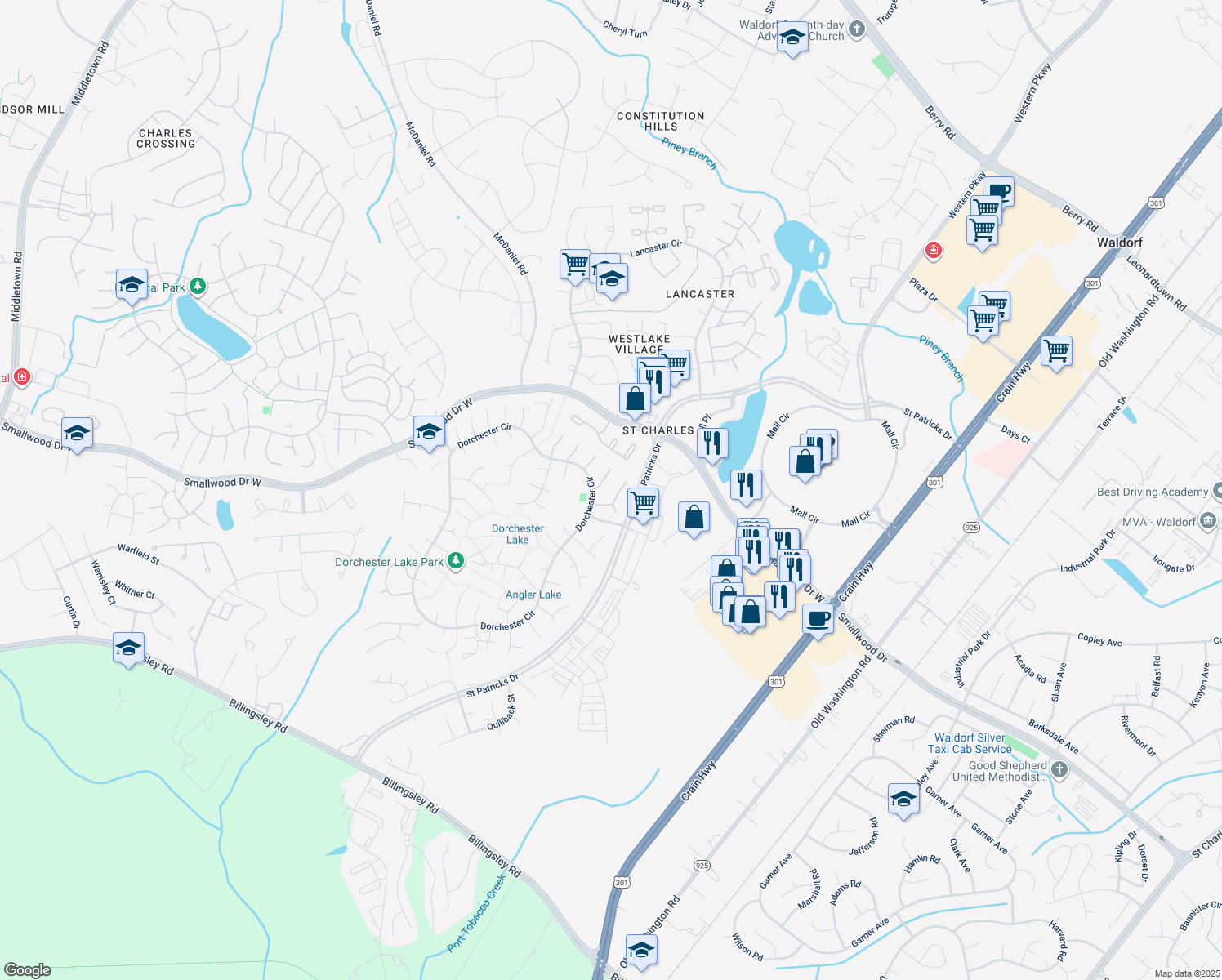 map of restaurants, bars, coffee shops, grocery stores, and more near 5416 Harvest Fish Place in Waldorf