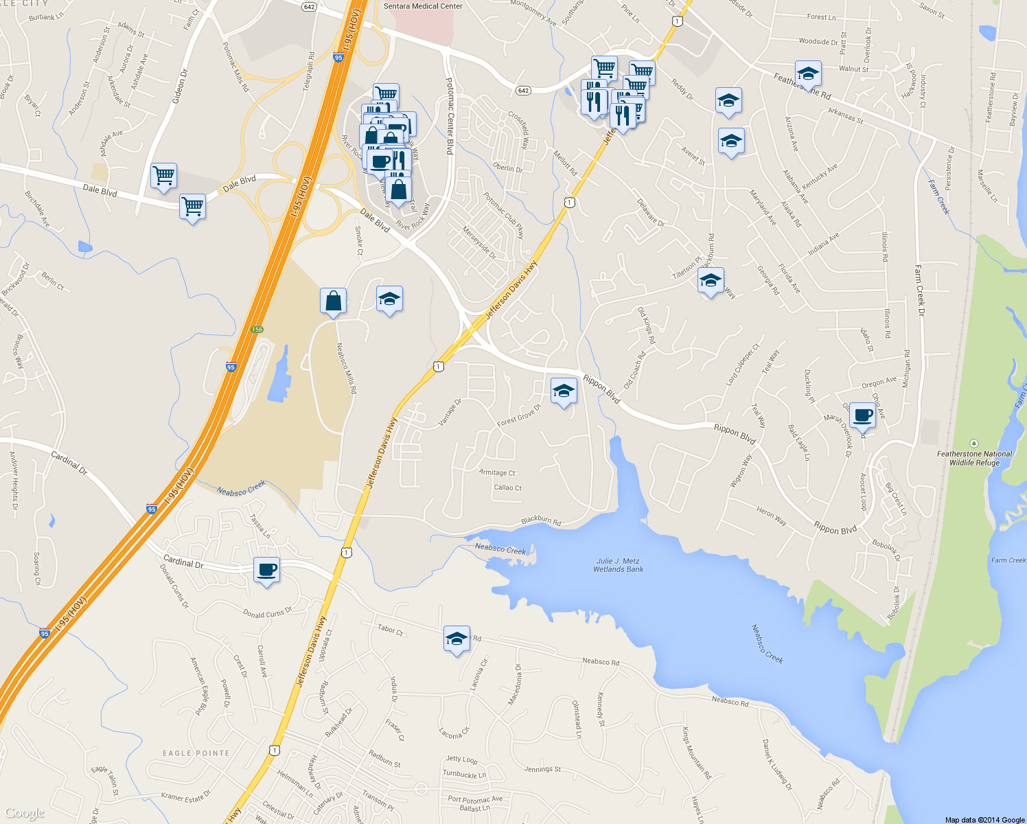 map of restaurants, bars, coffee shops, grocery stores, and more near 15391 Gatehouse Terrace in Woodbridge