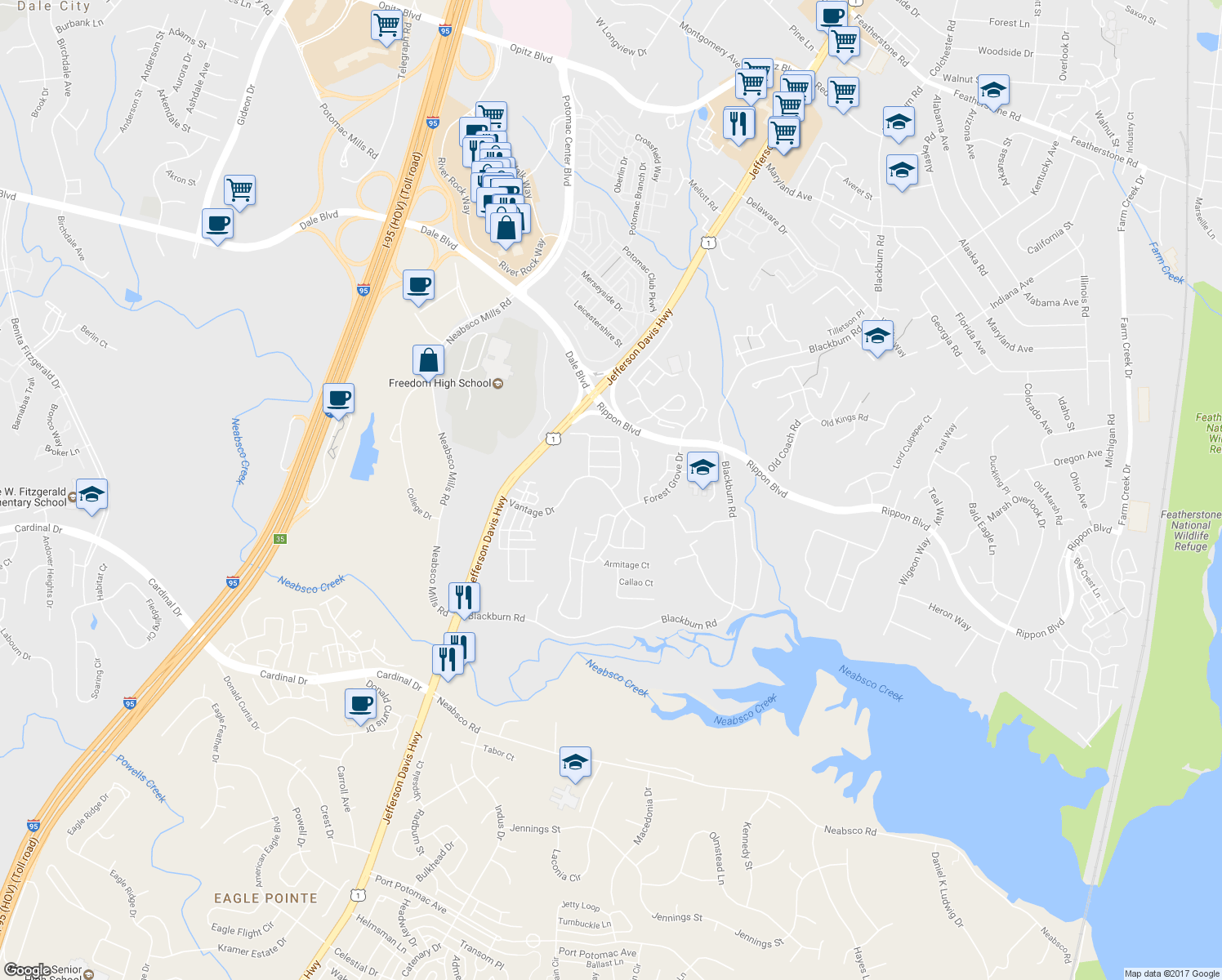 map of restaurants, bars, coffee shops, grocery stores, and more near 2207 Vantage Drive in Woodbridge