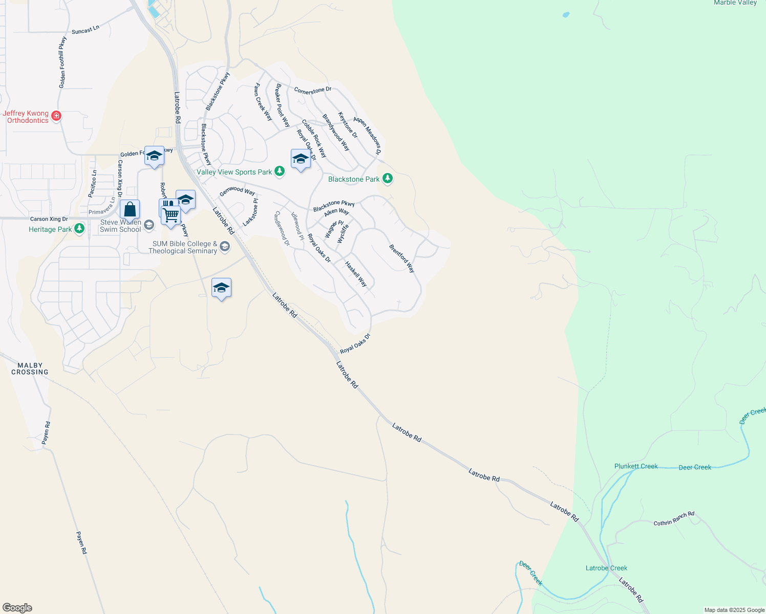 map of restaurants, bars, coffee shops, grocery stores, and more near 5378 Brentford Way in El Dorado Hills