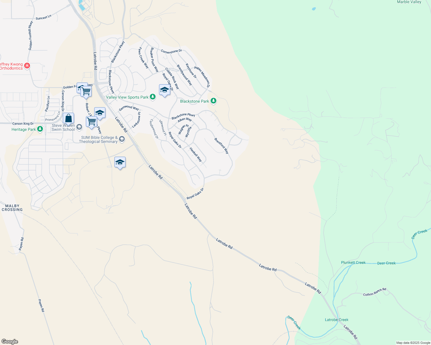 map of restaurants, bars, coffee shops, grocery stores, and more near 5378 Brentford Way in El Dorado Hills