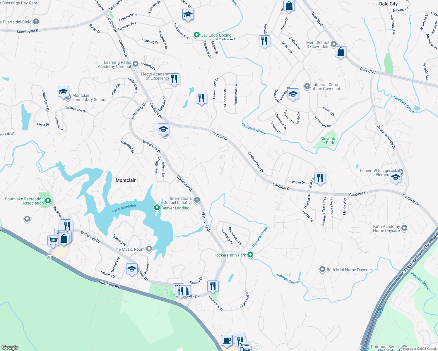 map of restaurants, bars, coffee shops, grocery stores, and more near 15472 Windsong Ln in Dumfries