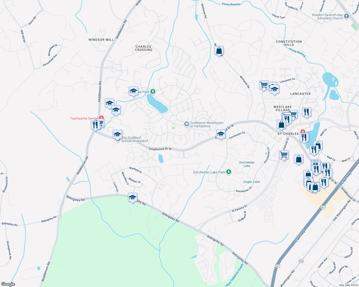 map of restaurants, bars, coffee shops, grocery stores, and more near 6224 Bighorn Court in Waldorf