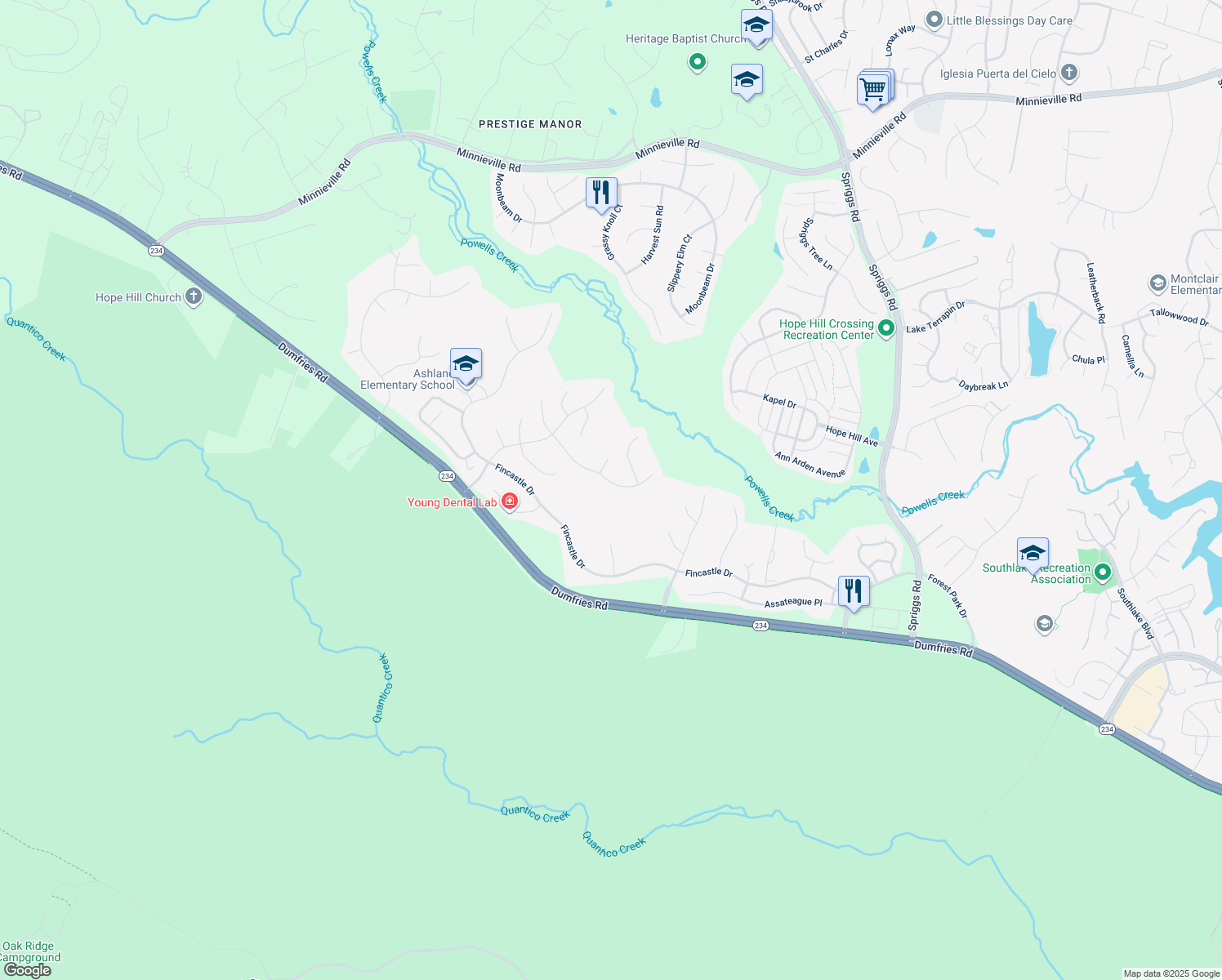 map of restaurants, bars, coffee shops, grocery stores, and more near 5943 Lyceum Ln in Manassas