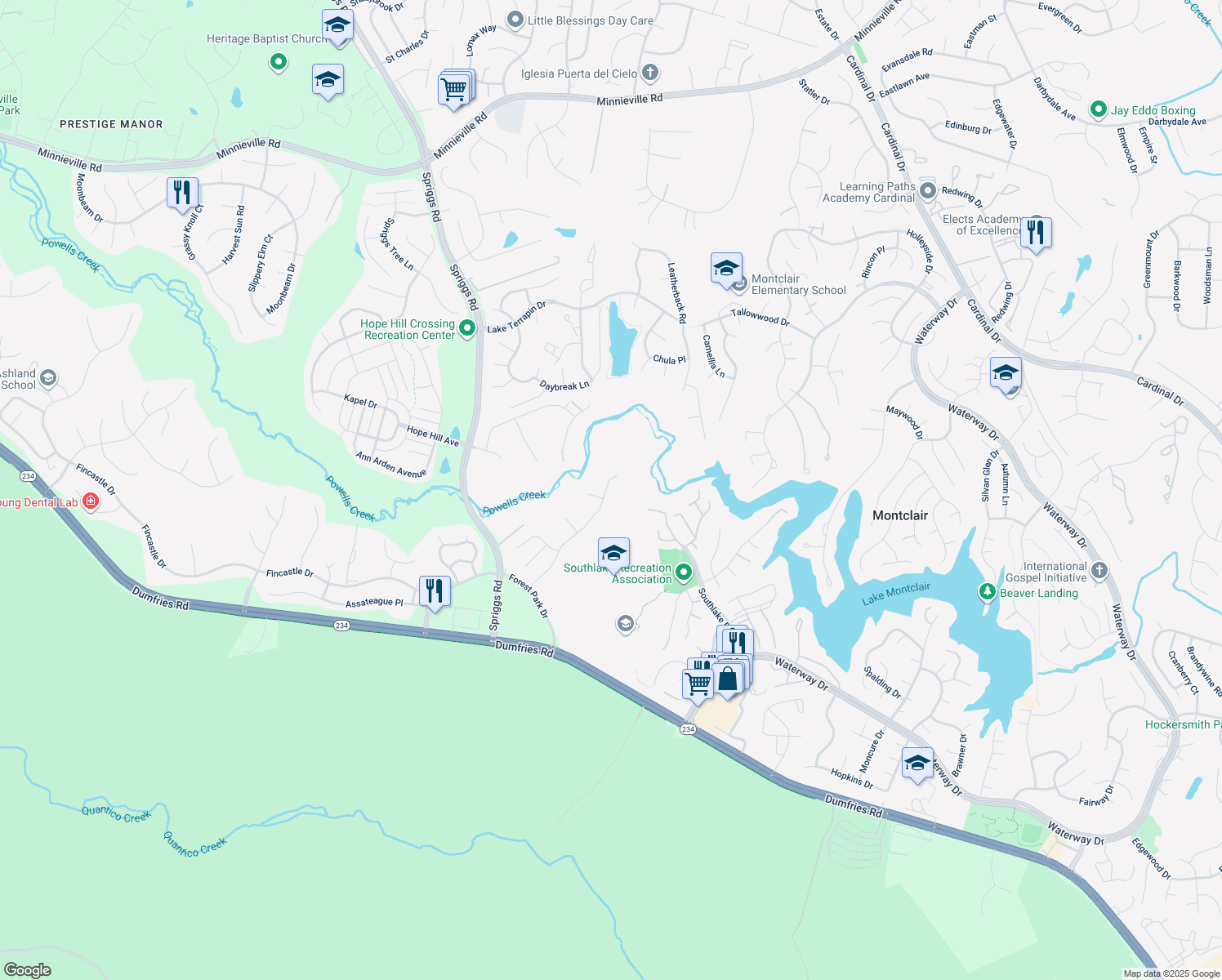 map of restaurants, bars, coffee shops, grocery stores, and more near 5289 Gunston Hall Drive in Woodbridge