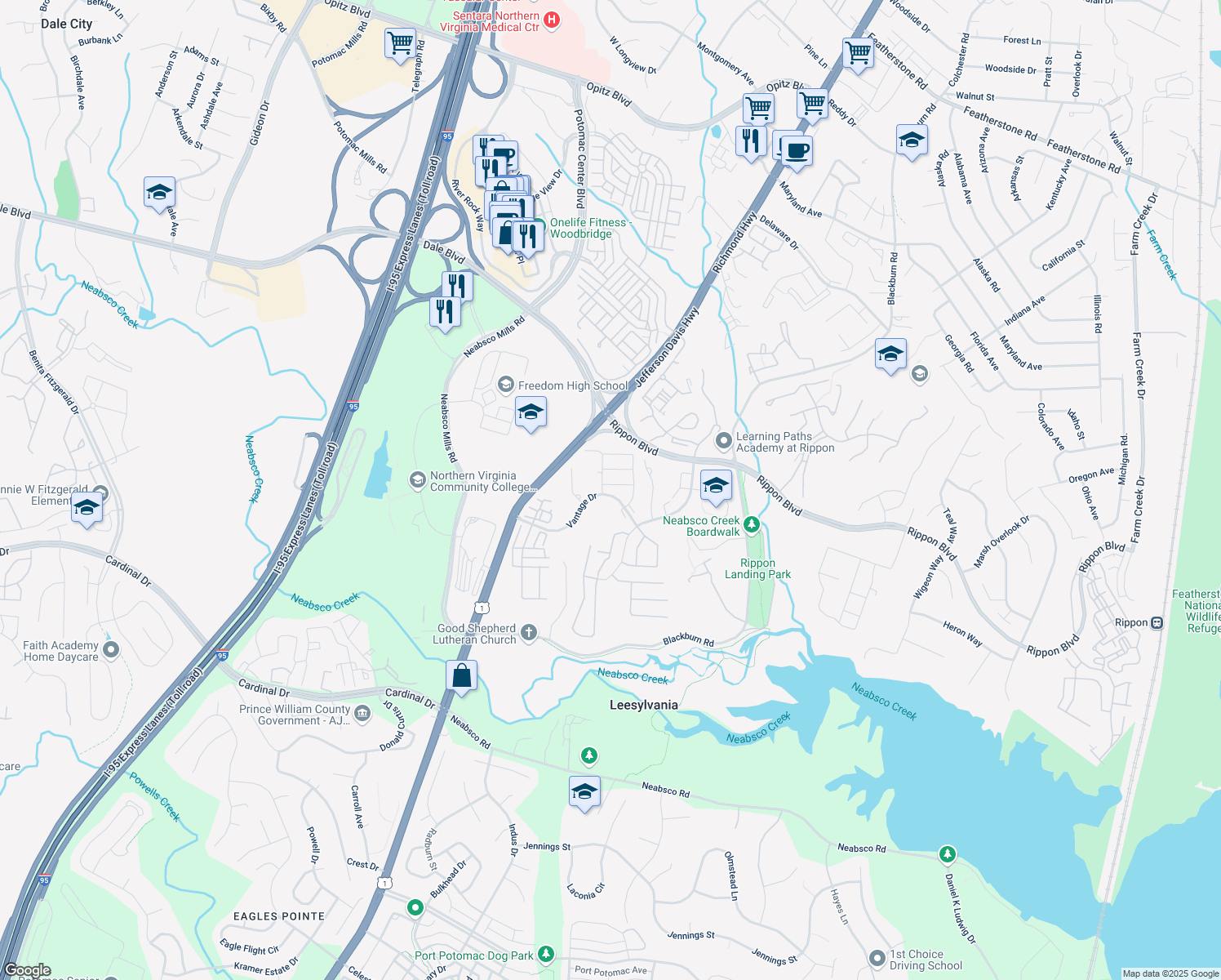 map of restaurants, bars, coffee shops, grocery stores, and more near 2227 Diloreta Drive in Woodbridge