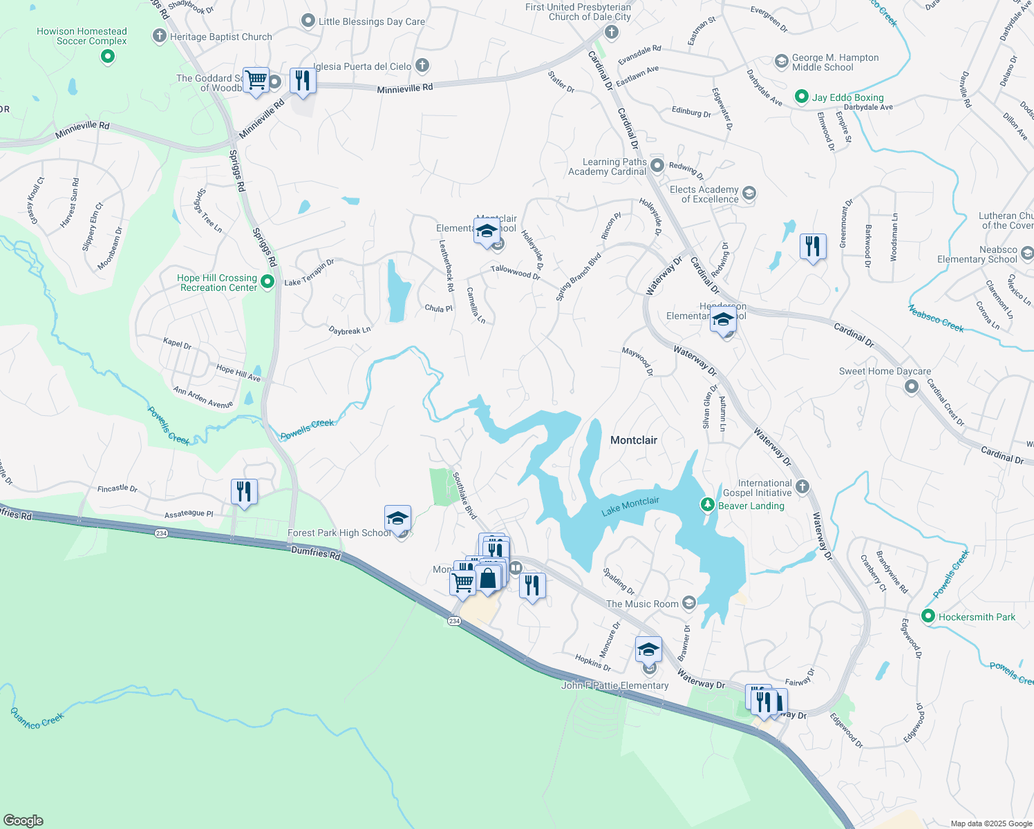 map of restaurants, bars, coffee shops, grocery stores, and more near 5251 Spring Branch Blvd in Dumfries
