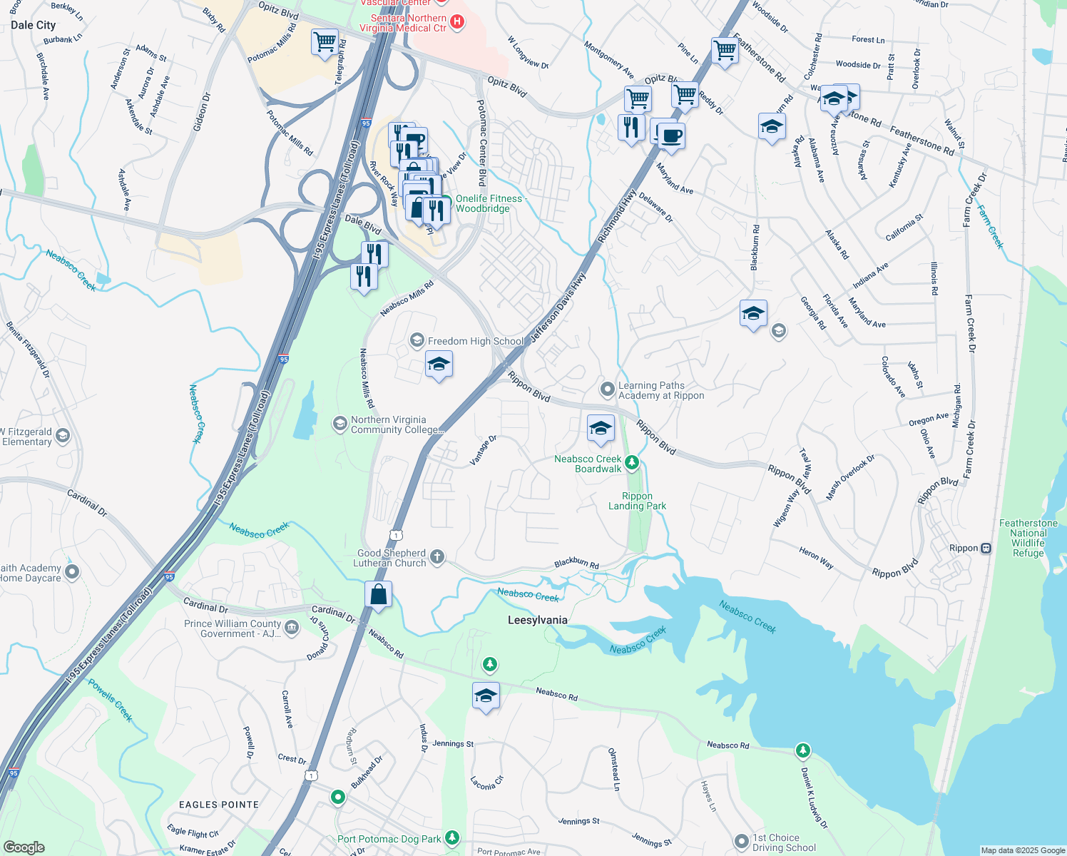 map of restaurants, bars, coffee shops, grocery stores, and more near 15381 Elizabeth Burbage Loop in Woodbridge