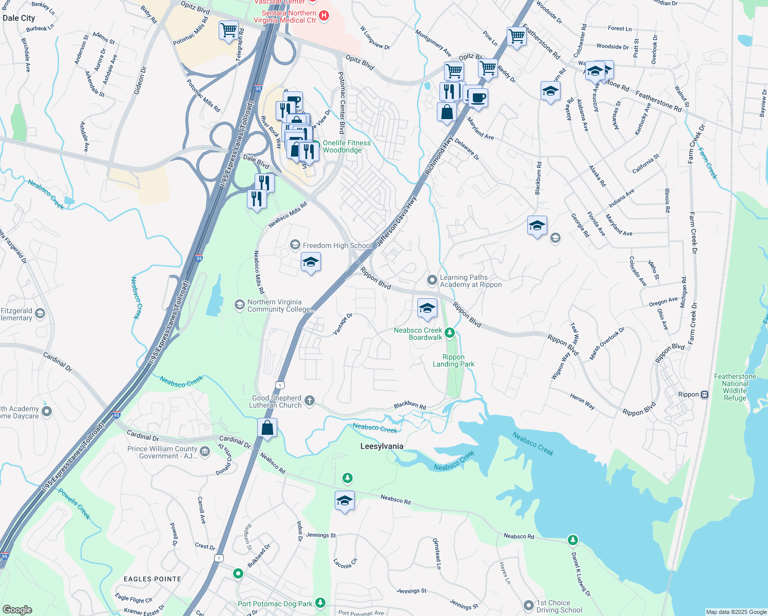map of restaurants, bars, coffee shops, grocery stores, and more near 15356 Gatehouse Terrace in Woodbridge