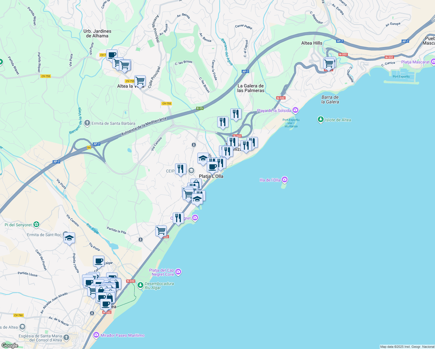 map of restaurants, bars, coffee shops, grocery stores, and more near 12A Partida la Olla in Altea