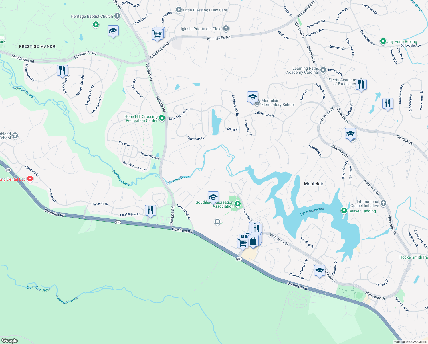 map of restaurants, bars, coffee shops, grocery stores, and more near 5281 Gunston Hall Drive in Woodbridge