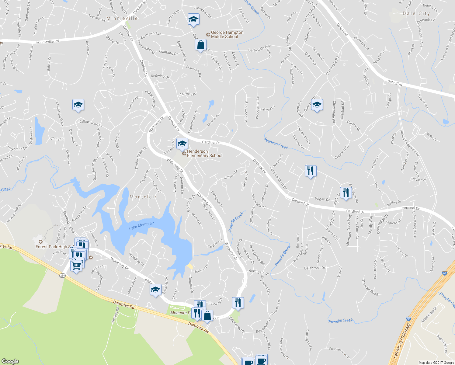map of restaurants, bars, coffee shops, grocery stores, and more near 4320 Jonathan Court in Dumfries