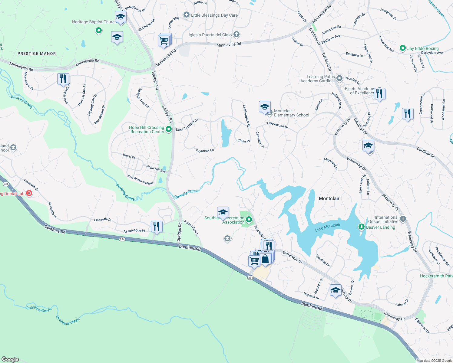 map of restaurants, bars, coffee shops, grocery stores, and more near 5268 Gunston Hall Drive in Woodbridge
