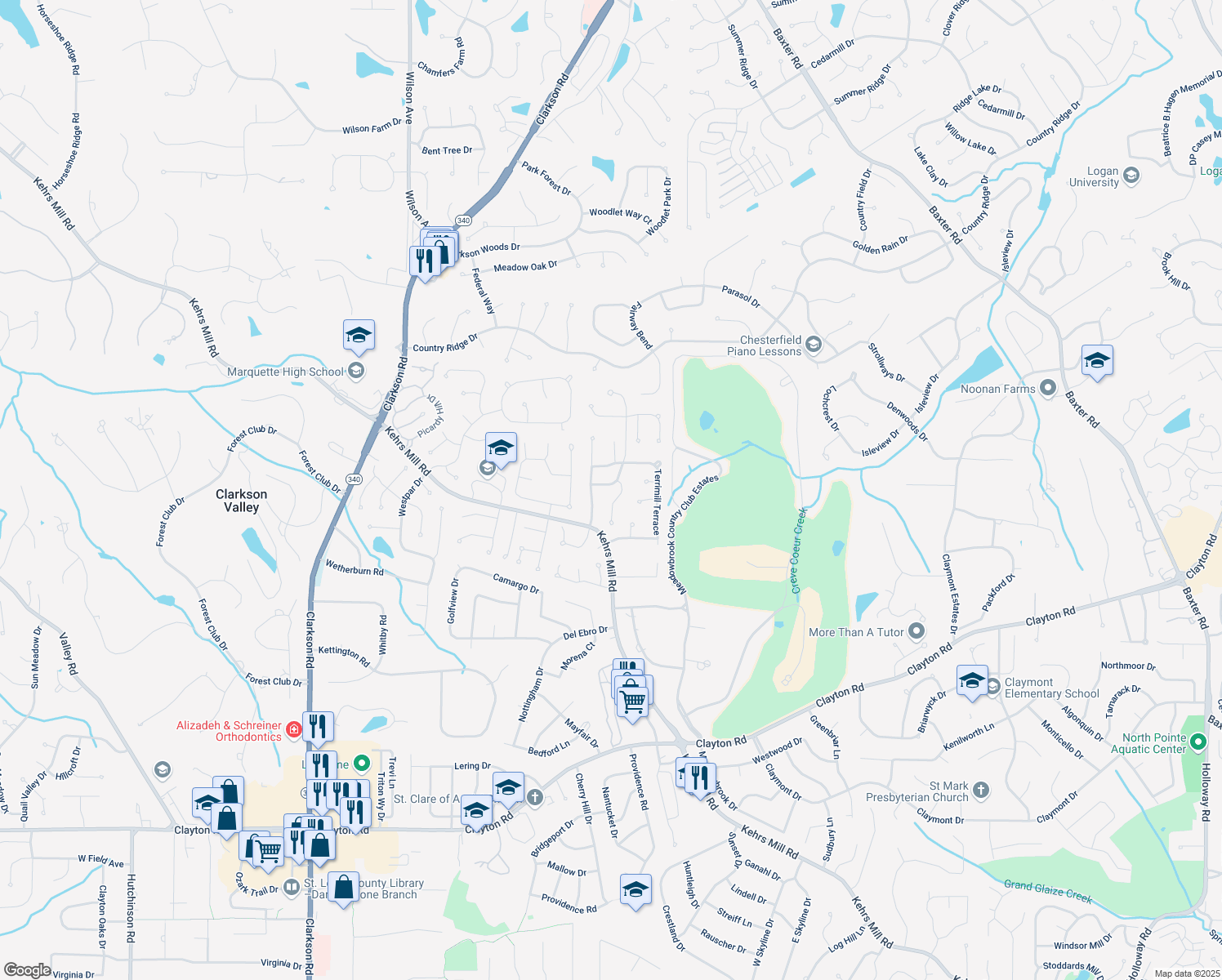map of restaurants, bars, coffee shops, grocery stores, and more near 2260 Sycamore Drive in Chesterfield