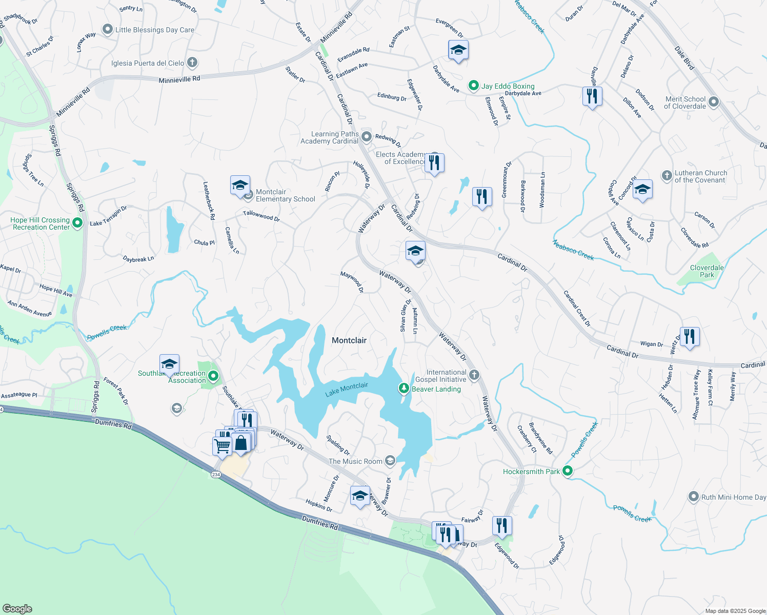 map of restaurants, bars, coffee shops, grocery stores, and more near 15308 Holly Hill Drive in Montclair