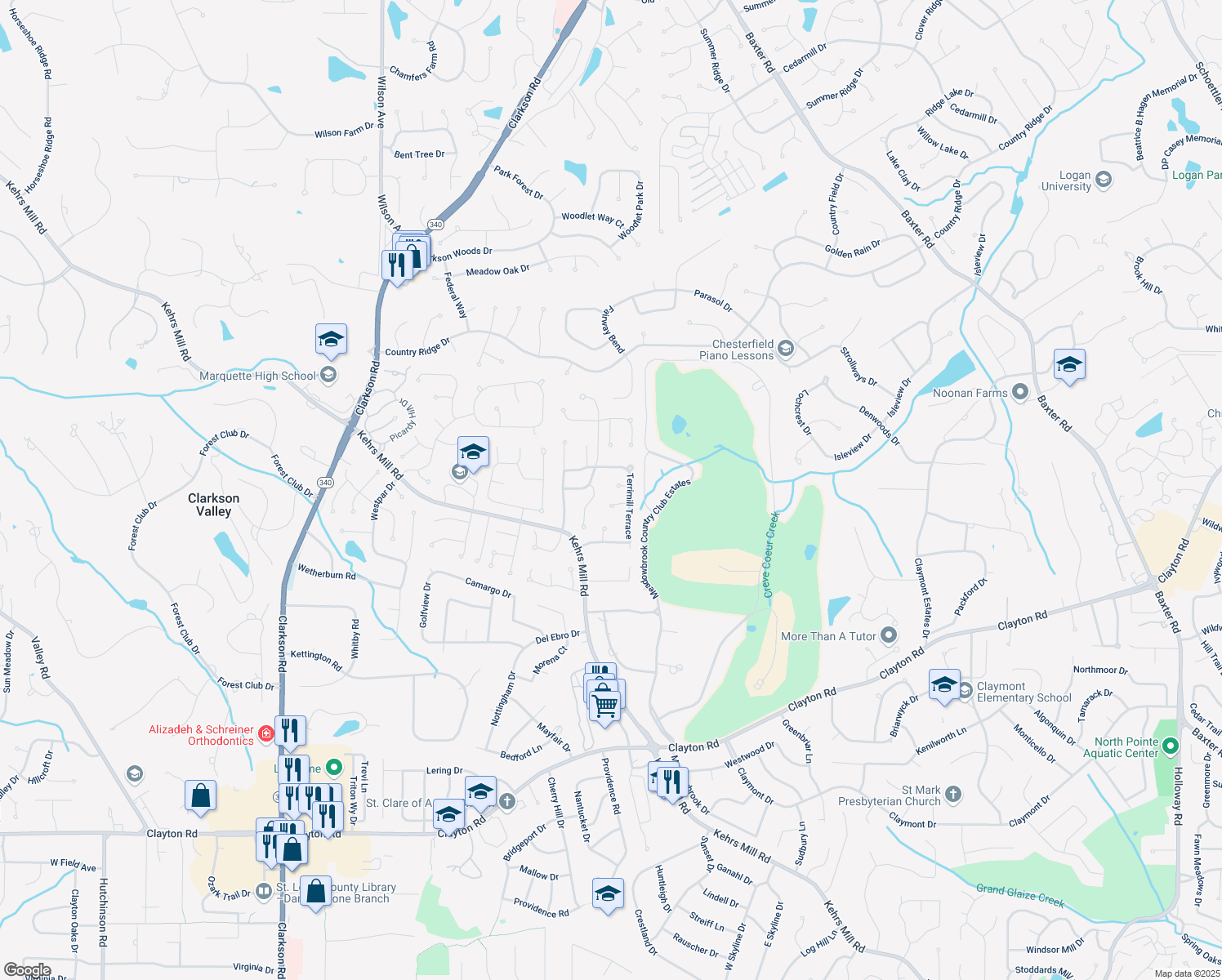 map of restaurants, bars, coffee shops, grocery stores, and more near 15516 Amber Meadows Court in Chesterfield