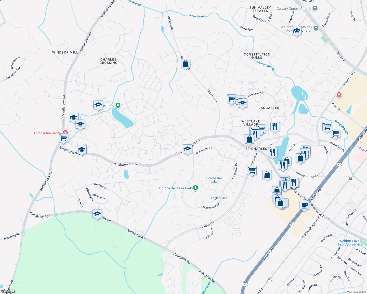 map of restaurants, bars, coffee shops, grocery stores, and more near 6133 Sea Lion Place in Waldorf