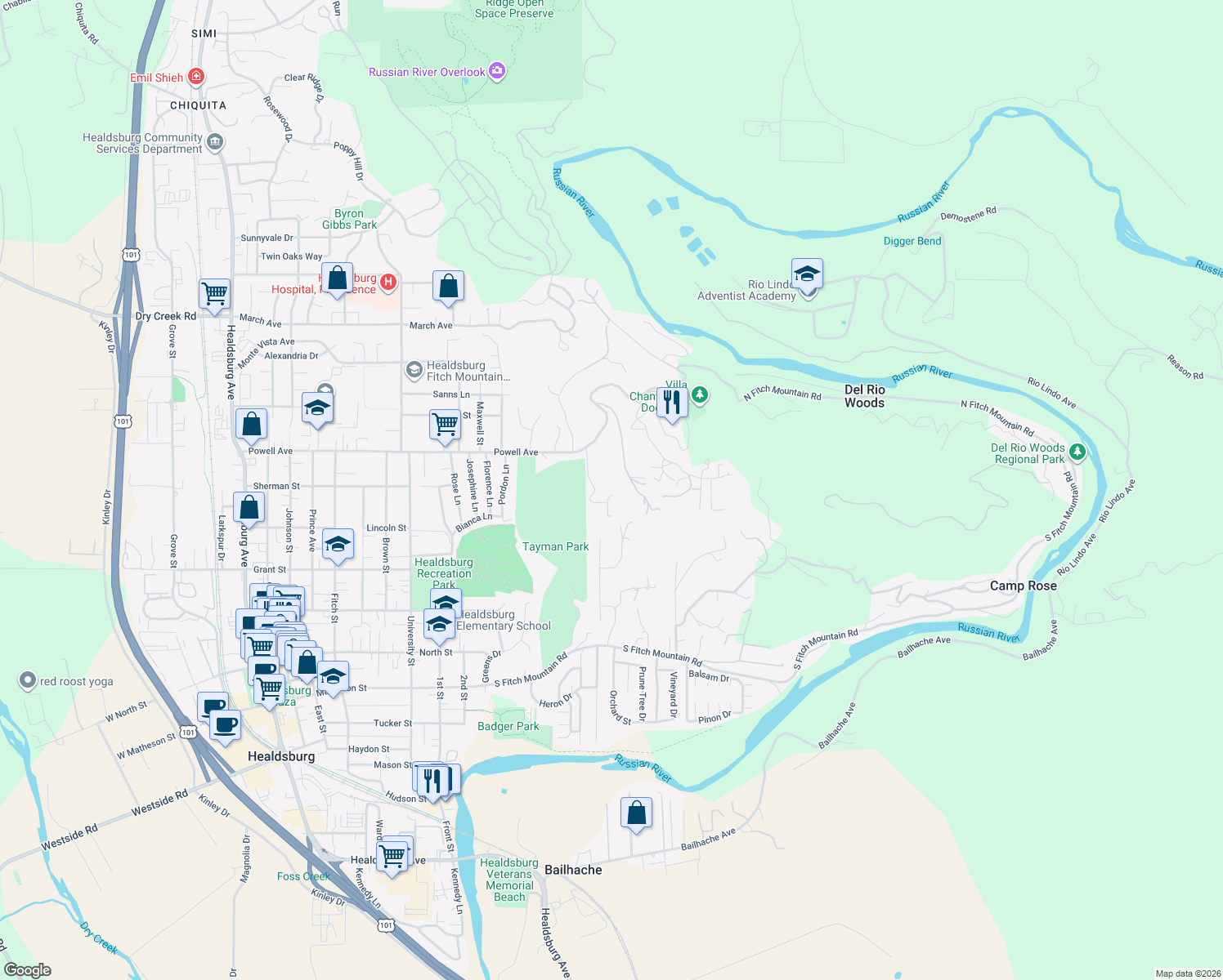 map of restaurants, bars, coffee shops, grocery stores, and more near 740 Revel Road in Healdsburg
