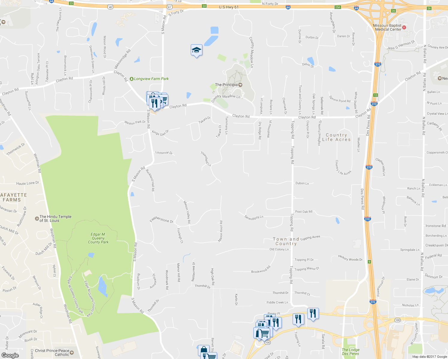 map of restaurants, bars, coffee shops, grocery stores, and more near 1278 Tammany Lane in St. Louis