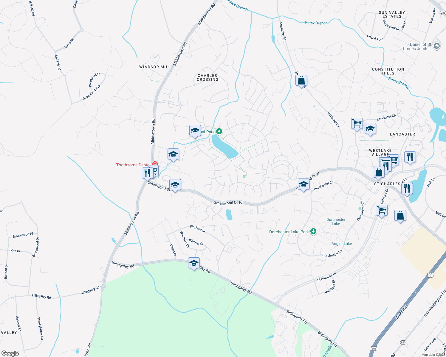map of restaurants, bars, coffee shops, grocery stores, and more near 6309 Cheetah Ct in Waldorf