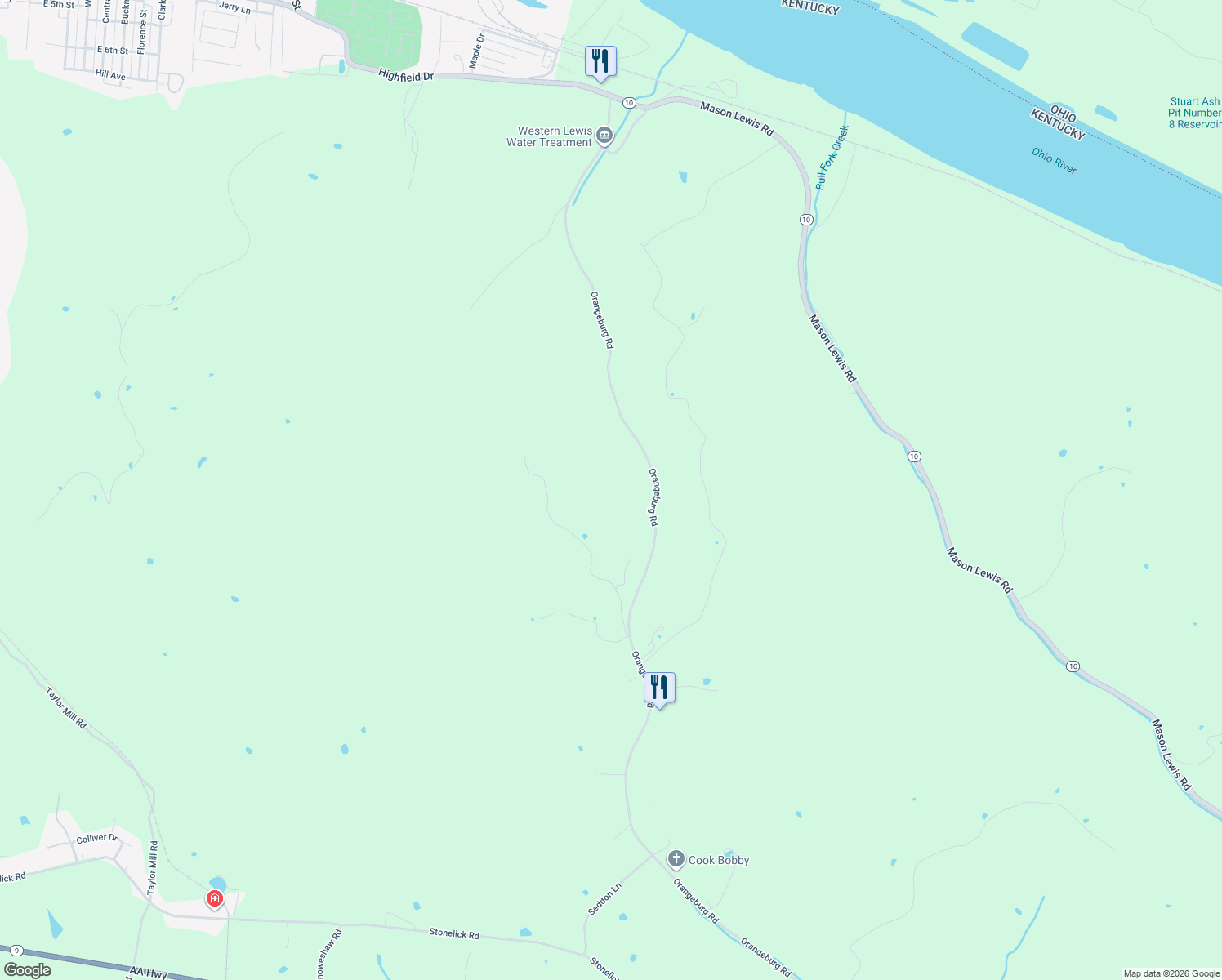 map of restaurants, bars, coffee shops, grocery stores, and more near 8030 Davenport Lane in Maysville